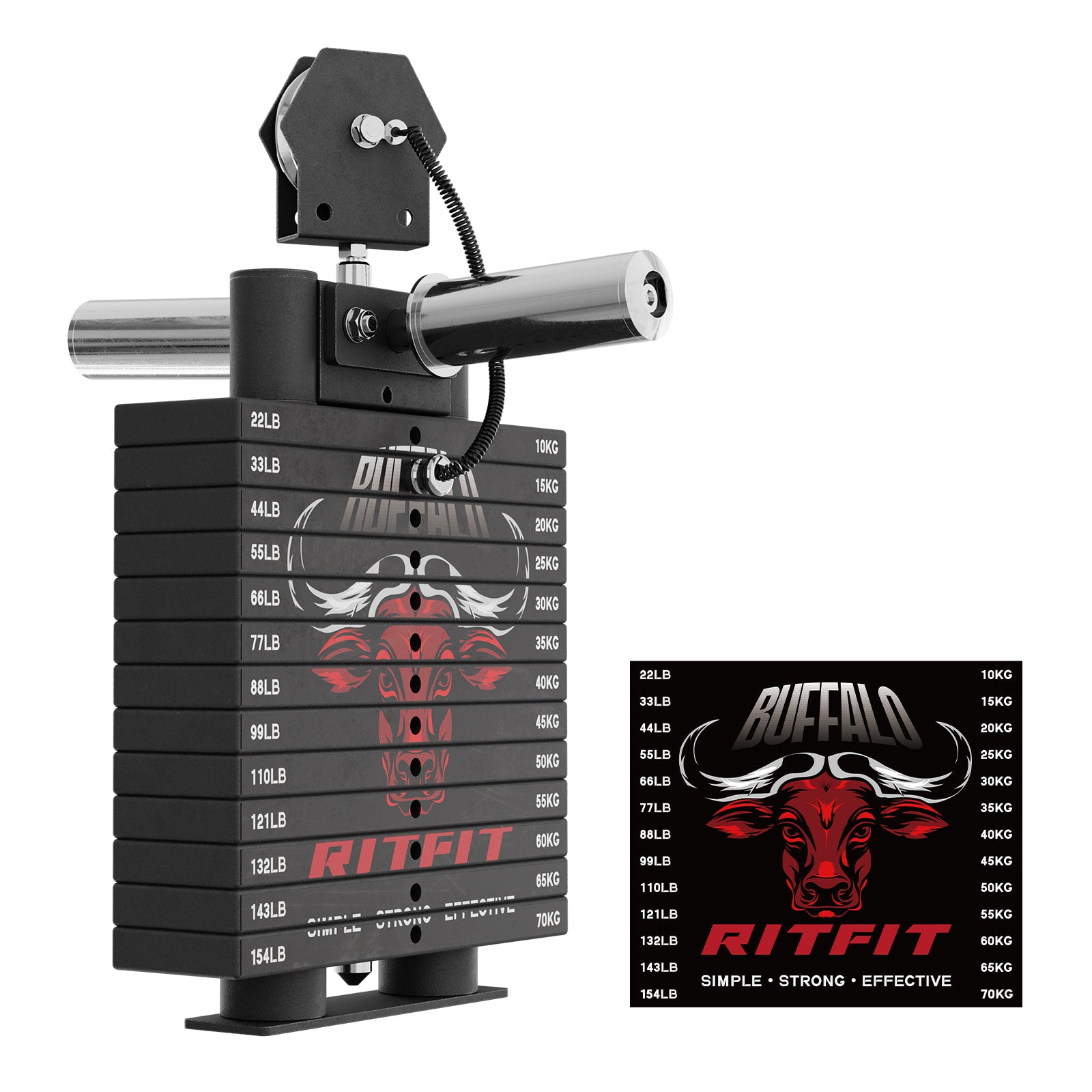 RitFit WSBFL weight stack set with 286lbs attachment for Buffalo gym equipment, featuring black weight plates and metal bars.