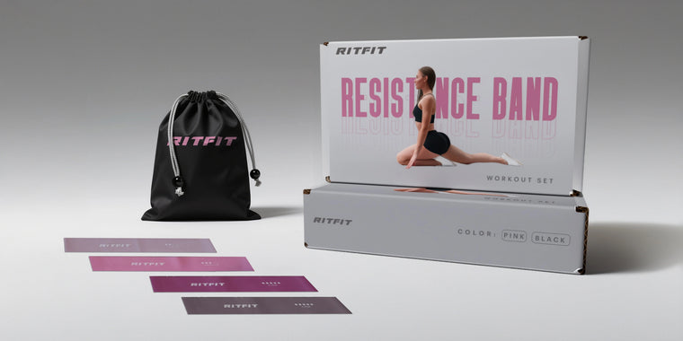 Ritfit resistance band workout set with pink bands and black drawstring storage bag