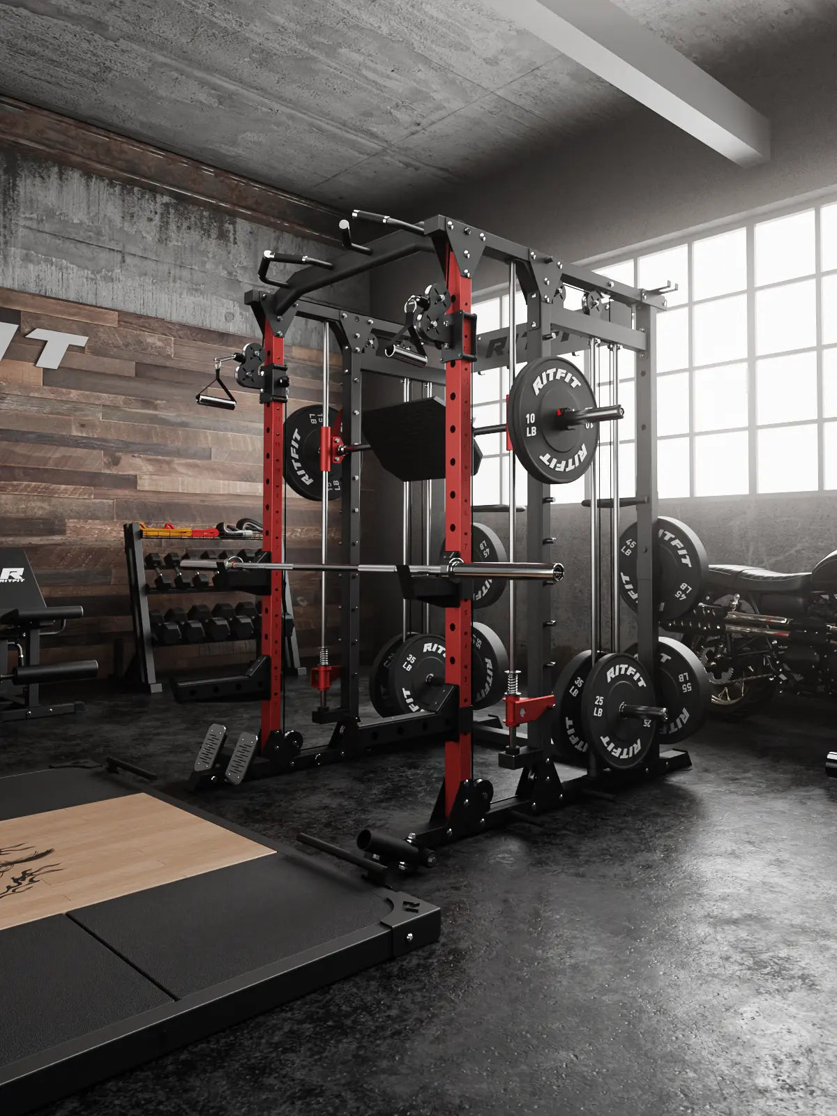 Gym equipment including a power rack and weights in a well-lit gym.