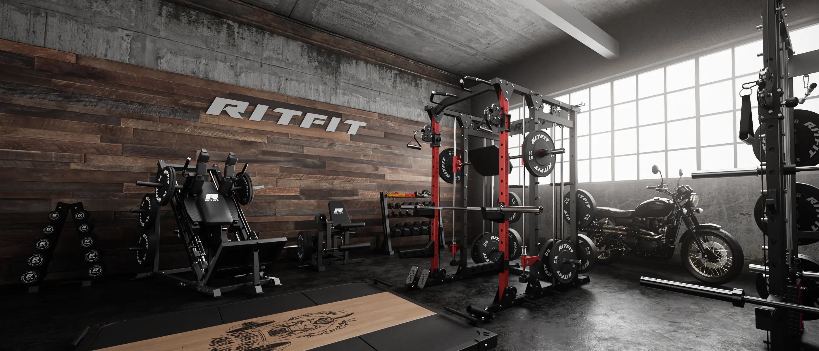Gym interior with various equipment and 'RITFIT' branding on the wall.