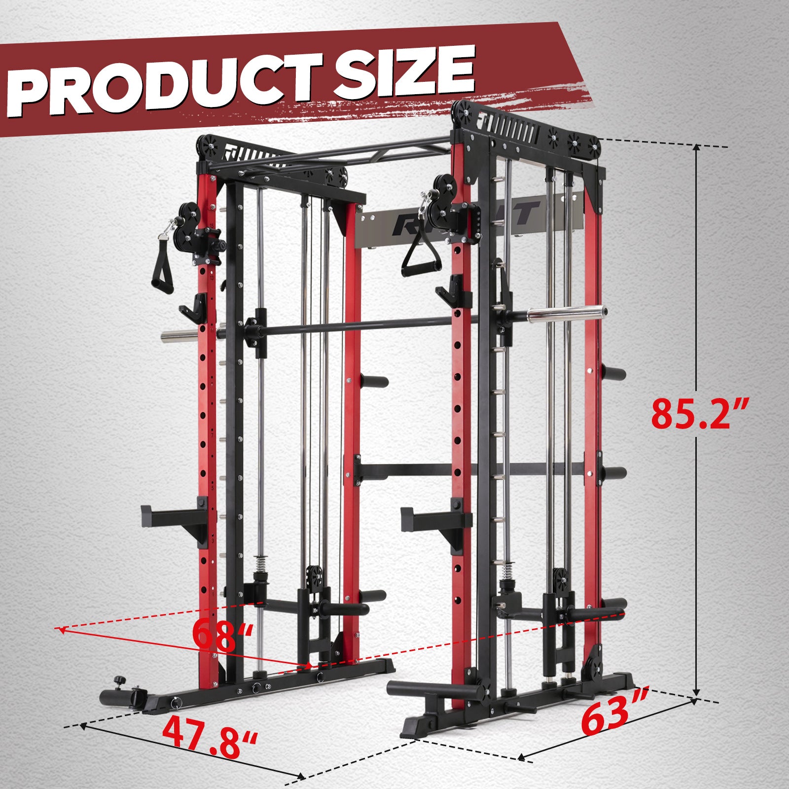 RitFit M1 Smith machine with cable crossover system, home gym rack with barbell supports and adjustable pulleys
