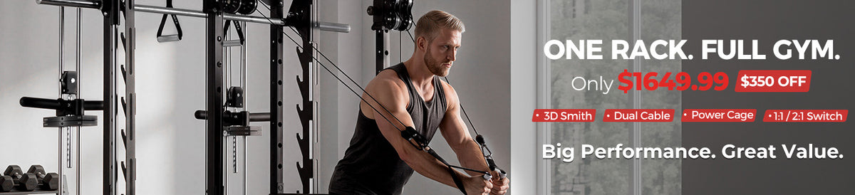 Man exercising with dual cable attachment on black power cage rack