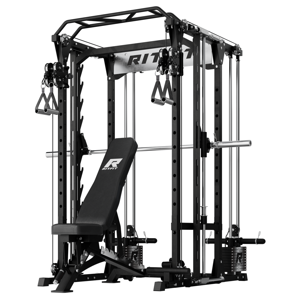 Black RitFit P9 power cage with 3D Smith machine, dual cables, and adjustable bench