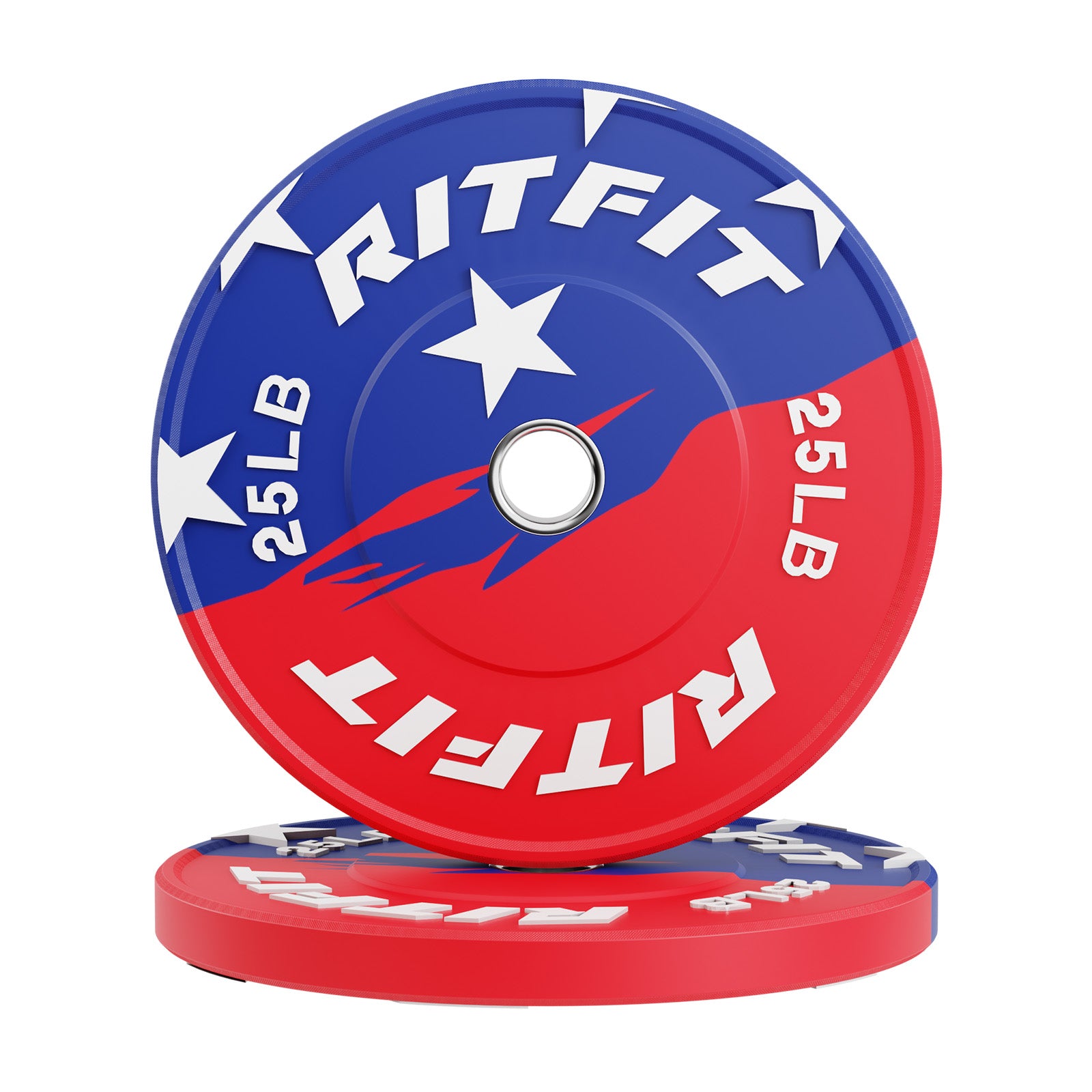 RitFit patriotic color bumper weight plates, 2-inch size, with red, white, and blue design for strength training and gym use.