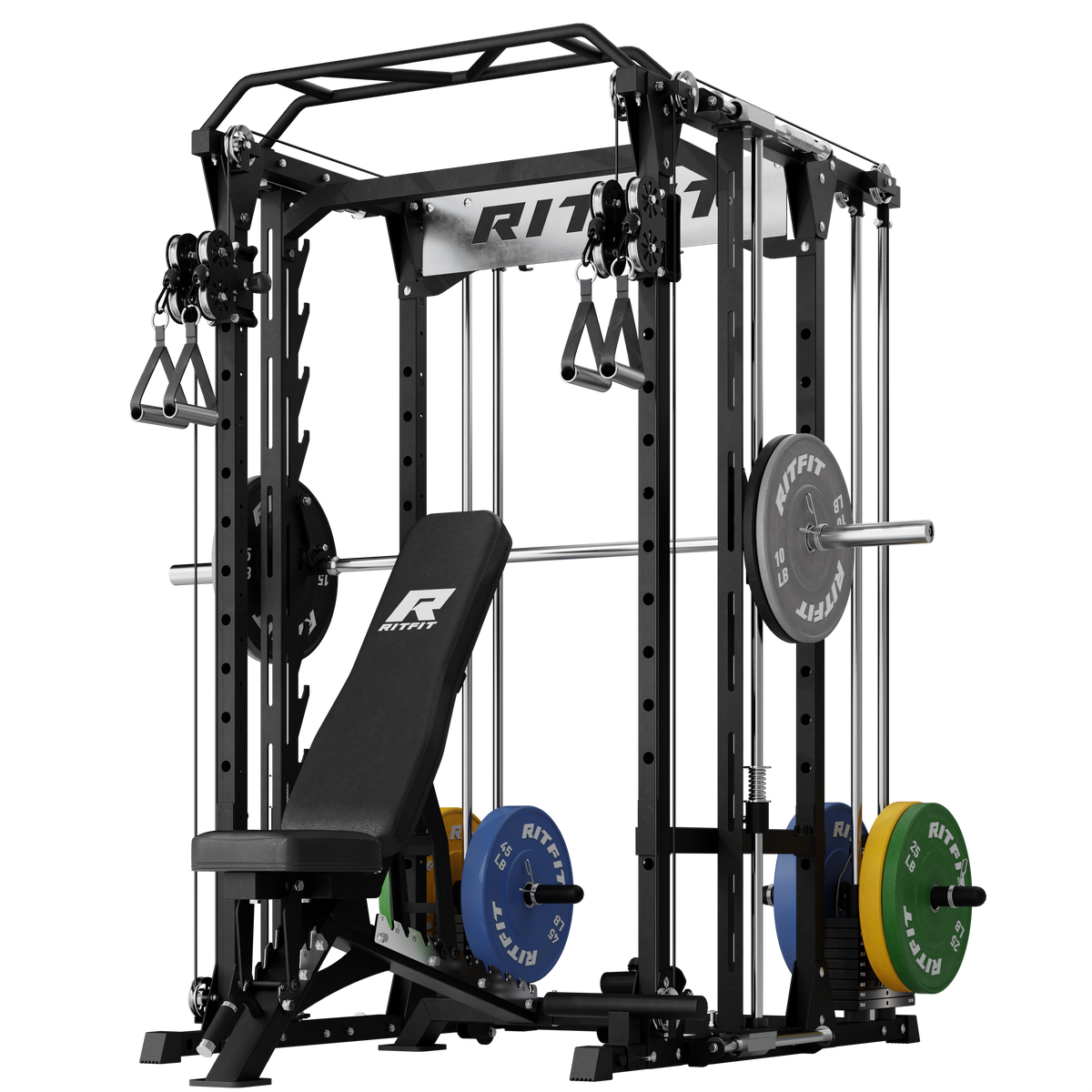 Black RitFit P9 power cage with 3D Smith machine, dual cables, adjustable bench and colorful weight plates