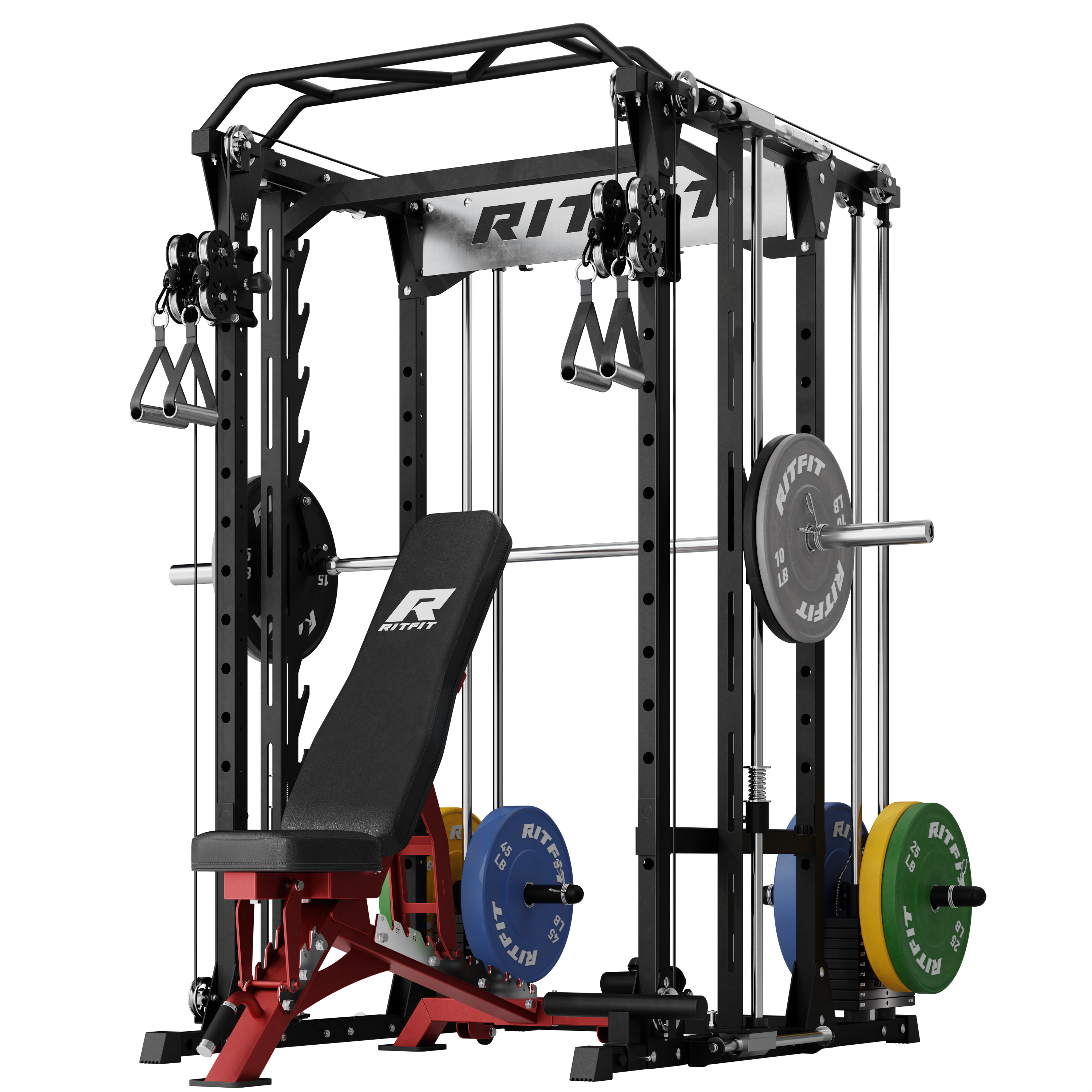 Black RitFit P9 power cage with 3D Smith machine, dual cables, adjustable bench and weight plates