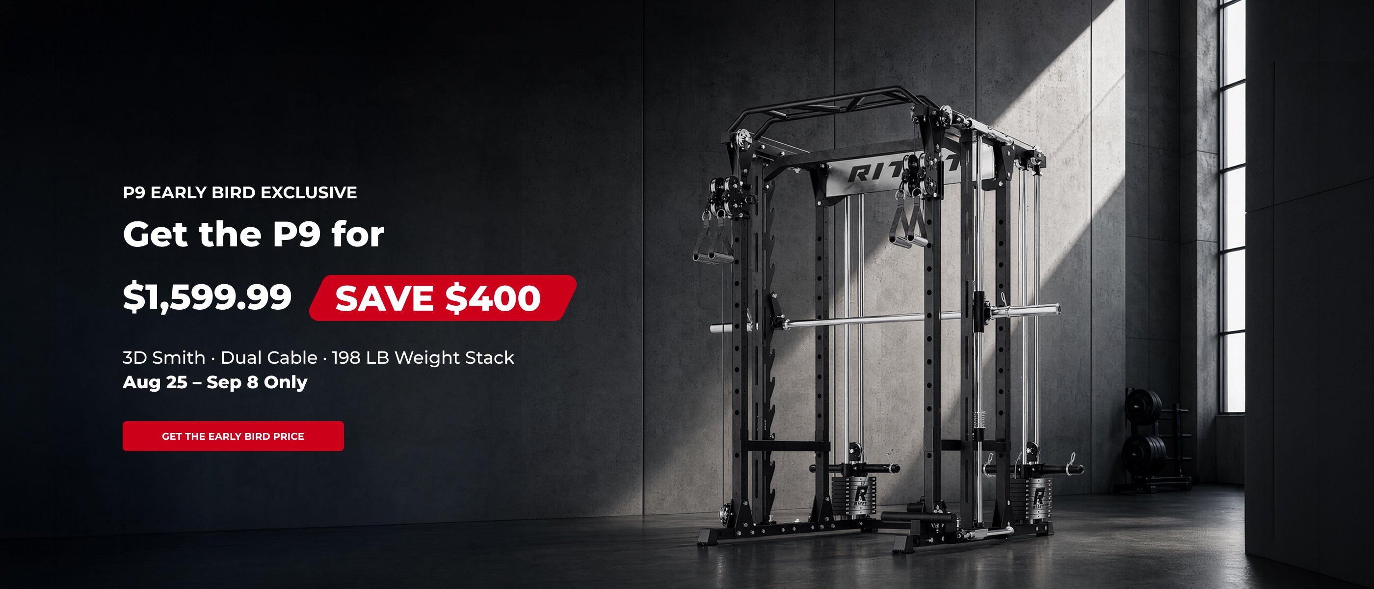 Black P9 Smith dual cable machine with 198 lb weight stack in dark gym