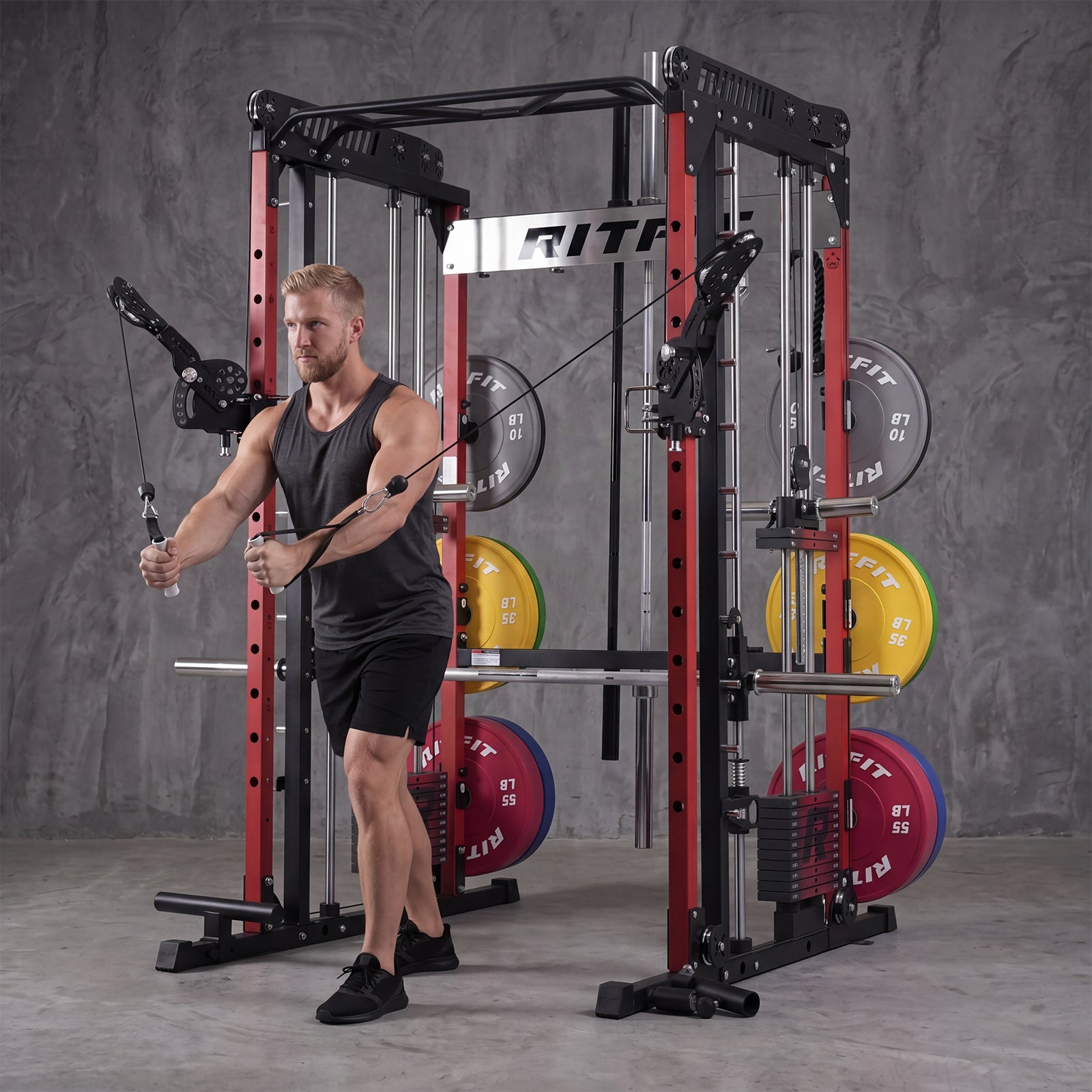 RitFit TAM1 Tornado Arm Attachment for M1 PRO shown attached to exercise equipment, with textured grip and rotating arm design.