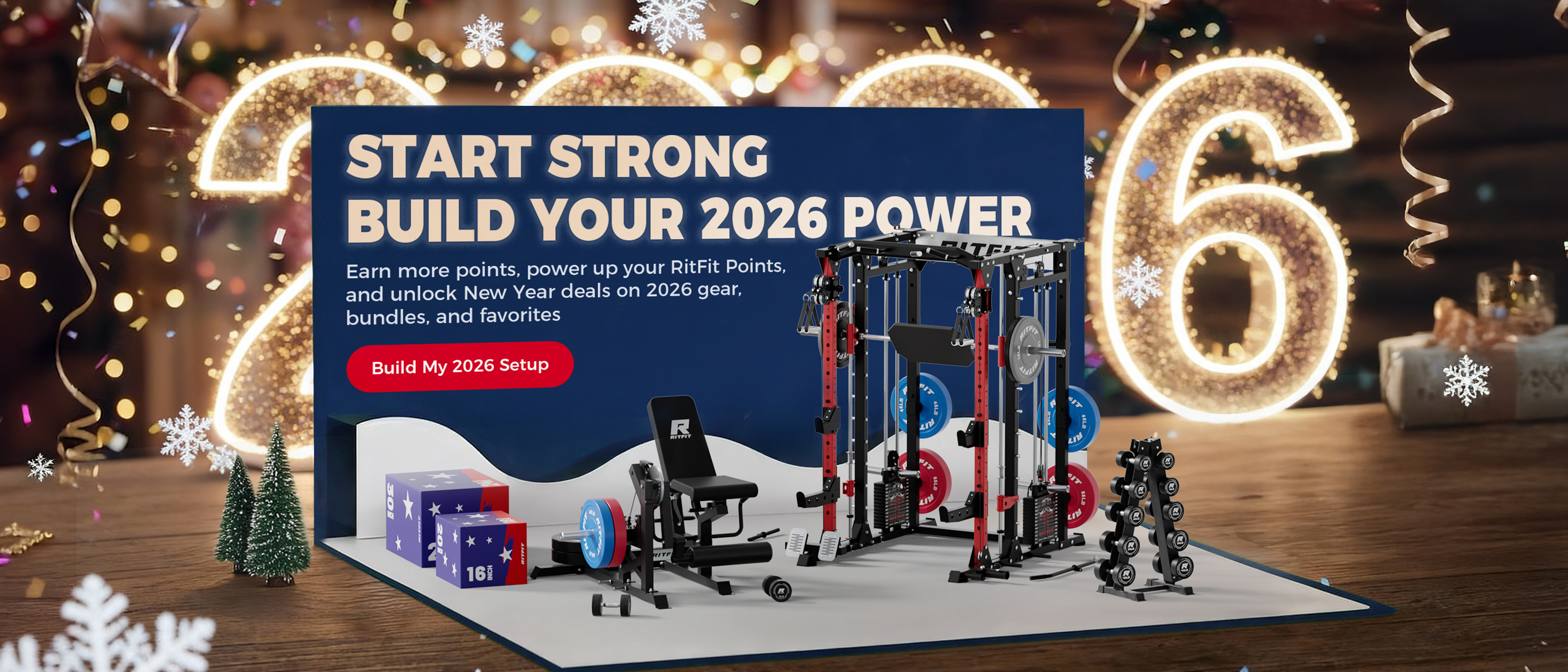 Promotional display for a fitness equipment brand with text about building power for 2026, featuring a gym setup and festive decorations.