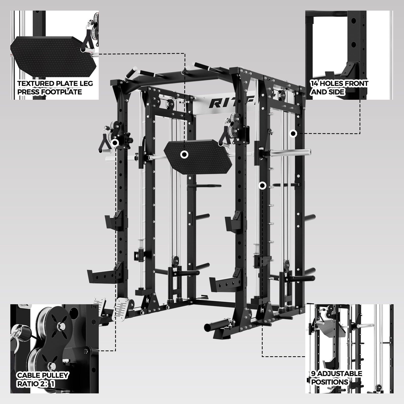 RitFit BUFFALO Multifunctional Smith Machine with Lat Pull Down and Cable Crossover for Versatile Strength Training - RitFit