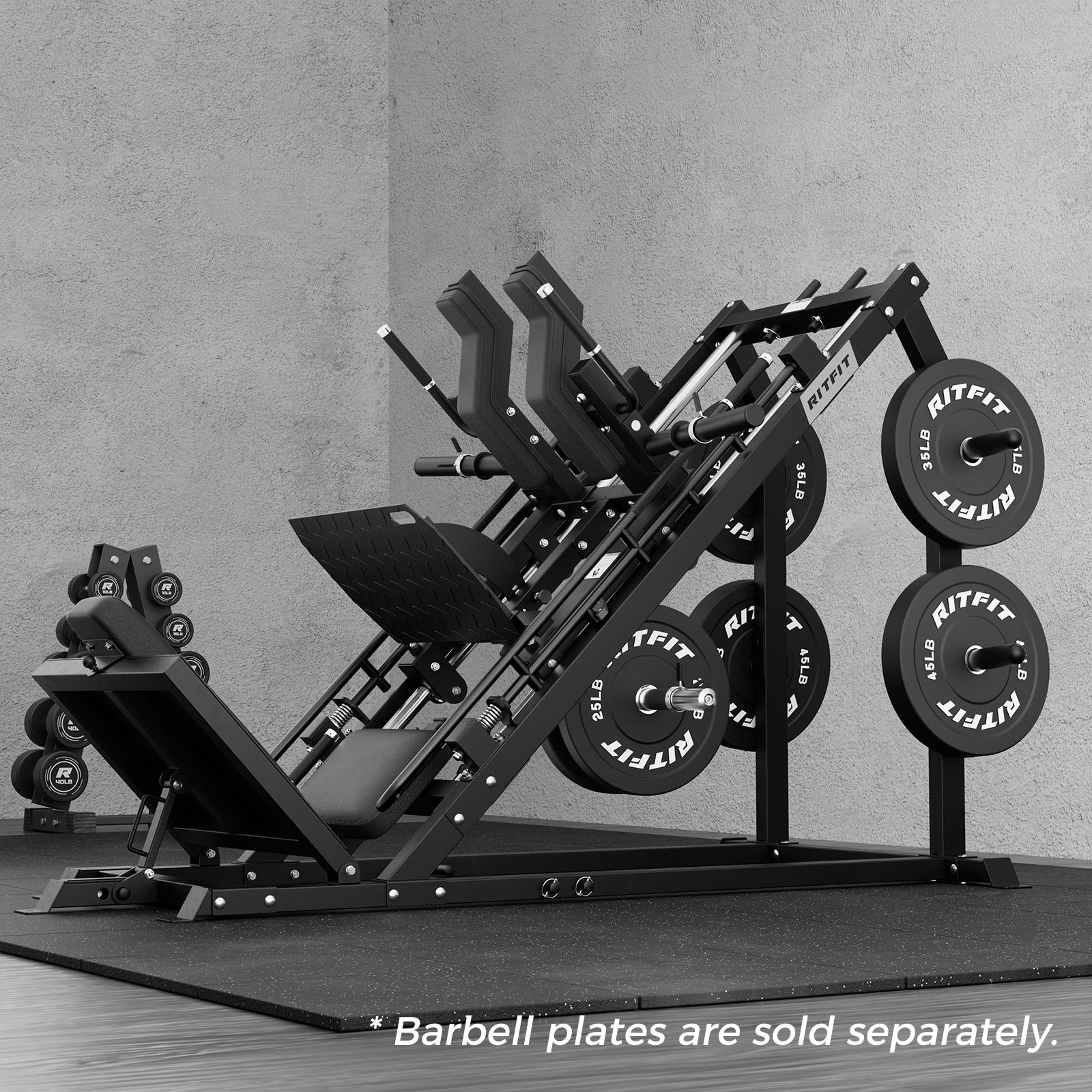 Gym equipment with barbell plates on a gray background