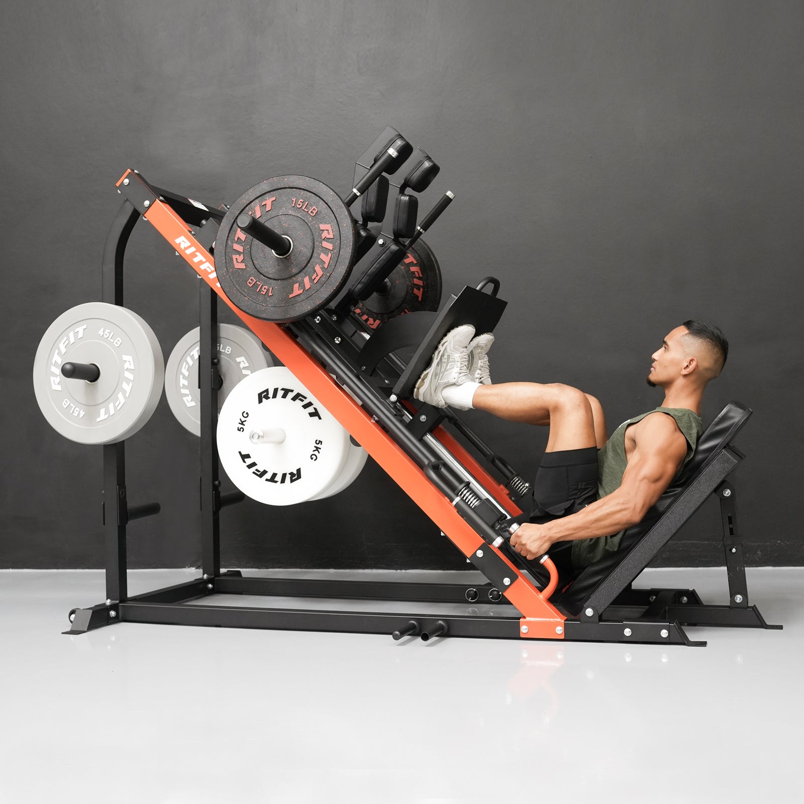 RitFit GAZELLE 3-in-1 leg press and hack squat machine for home gym strength training, showing the sturdy frame and workout platform.