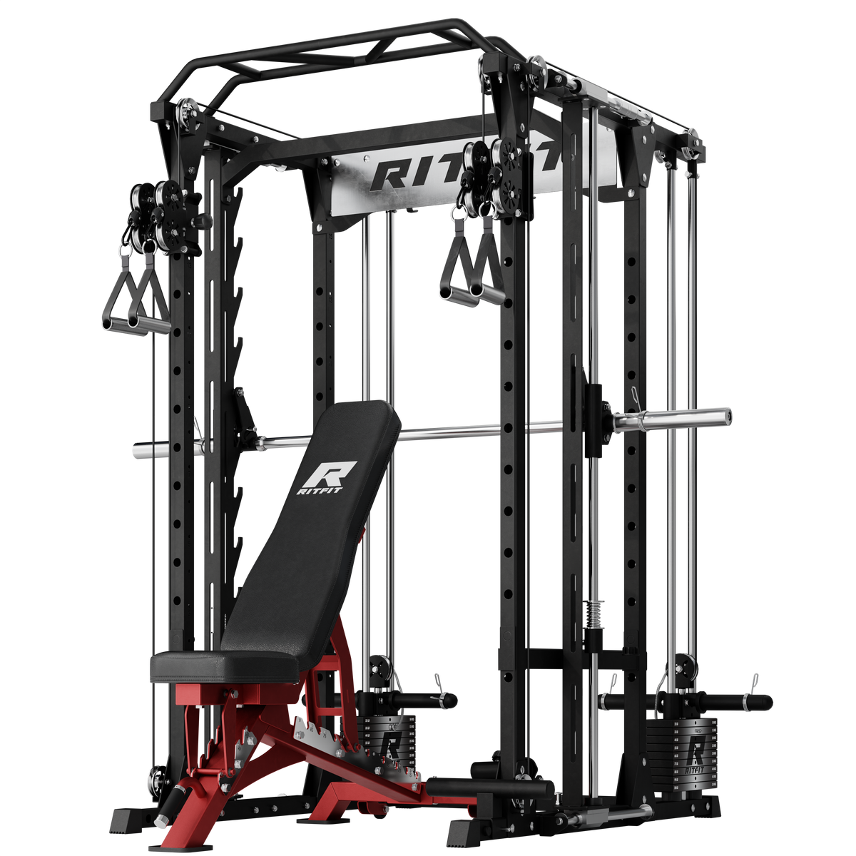 RitFit P9 modular power cage with 3D Smith machine, dual cables, and red adjustable bench