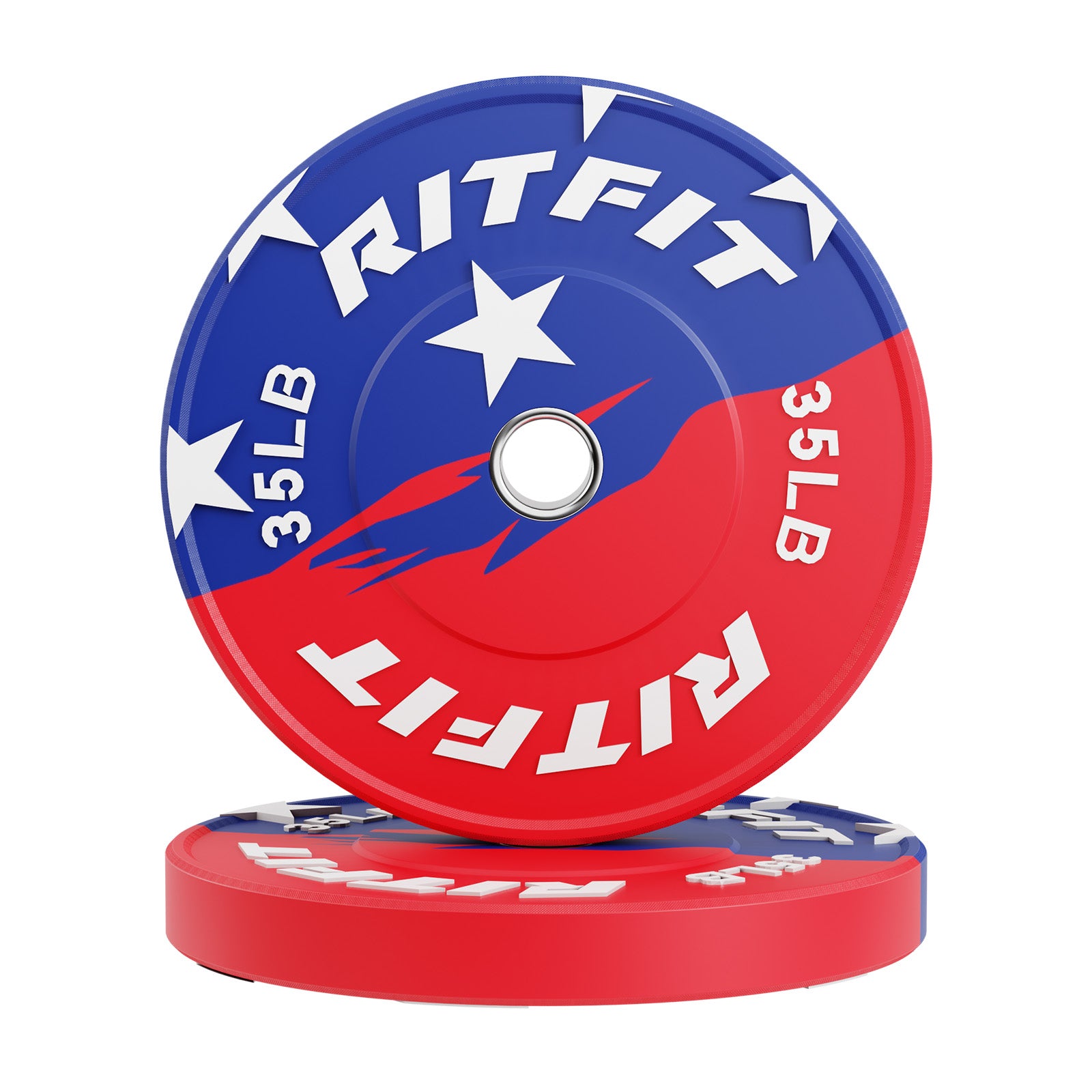 RitFit patriotic color 2-inch bumper weight plates for strength training, featuring red, white, and blue patriotic design.