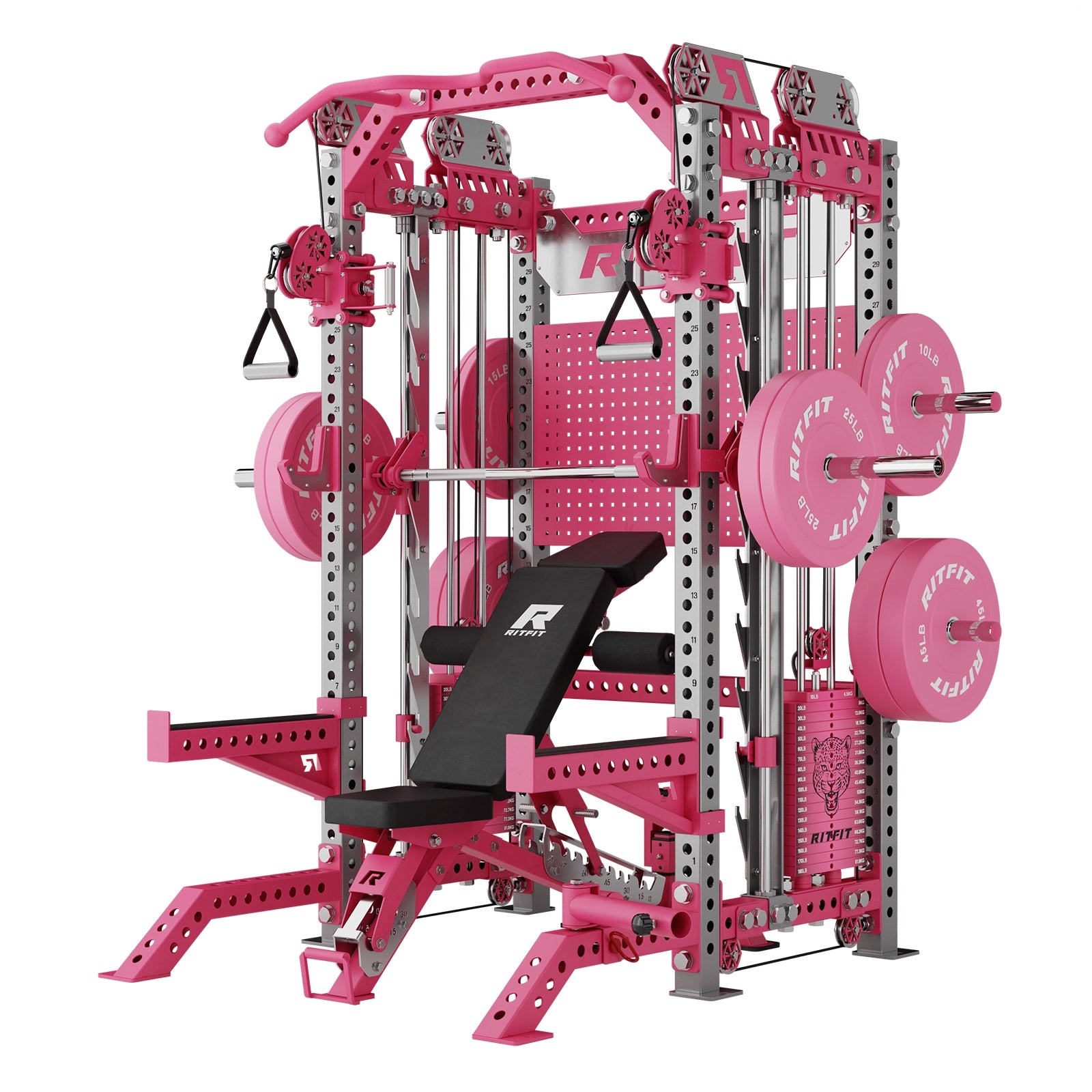 Pink RitFit M3 Pro Home Gym Smith Machine Package with Cable Crossover and black bench