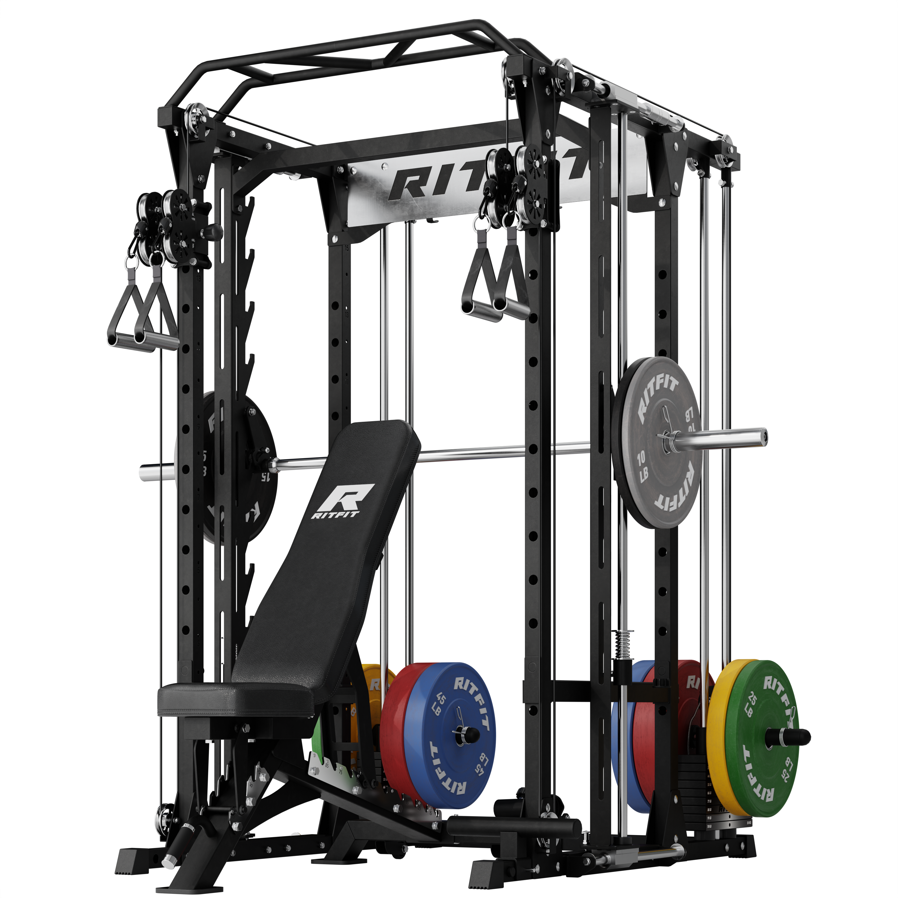 Black RitFit P9 power cage with Smith machine, dual cables, adjustable bench and colorful weight plates
