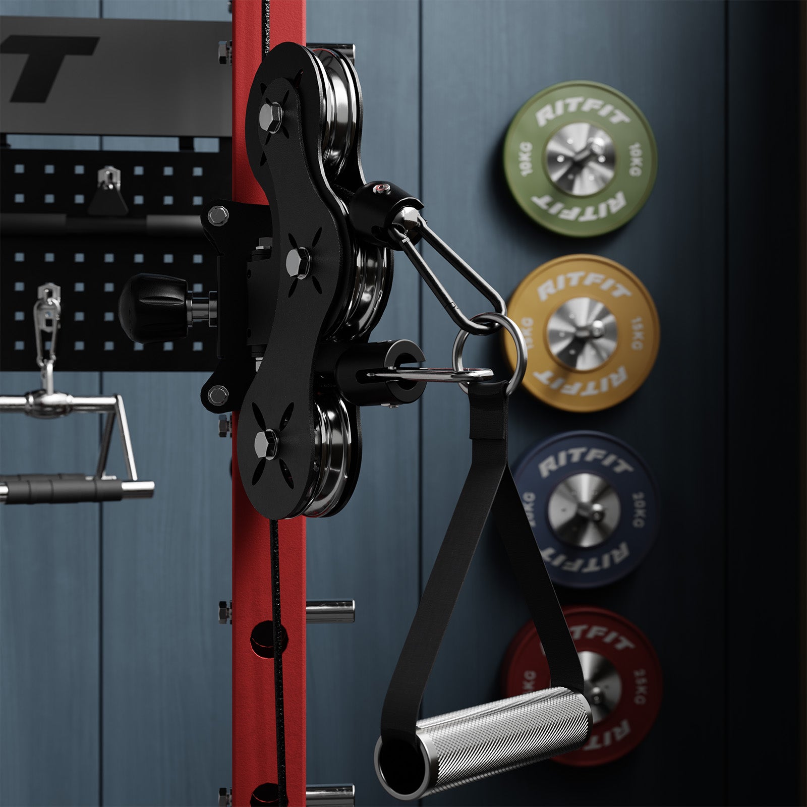 RitFit RTM1 DIY Dual Ratio Kit attachment for M1 PRO fitness equipment, showing the metal components and mounting points.