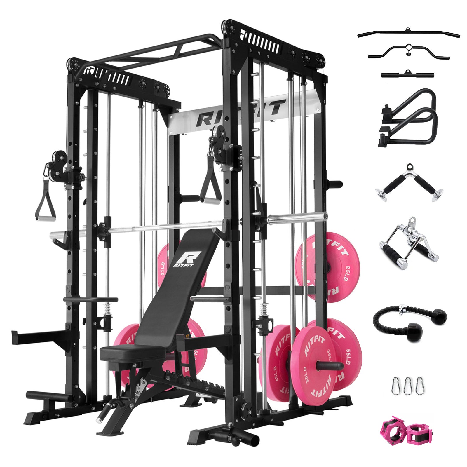 RitFit Pink M1 PRO multi-functional smith machine home gym package with weights and workout accessories on a gym floor.