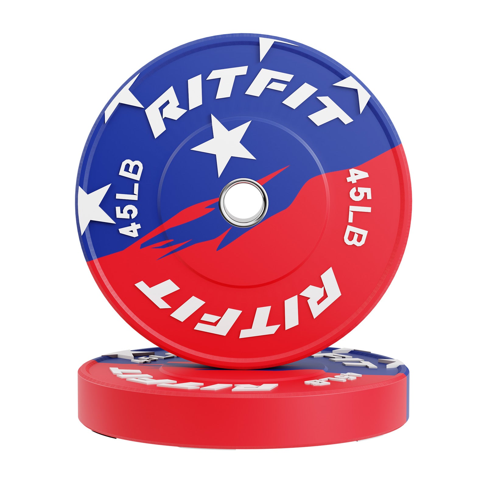 RitFit patriotic color bumper weight plates, 2-inch size, with red, white, and blue design for weightlifting and strength training.