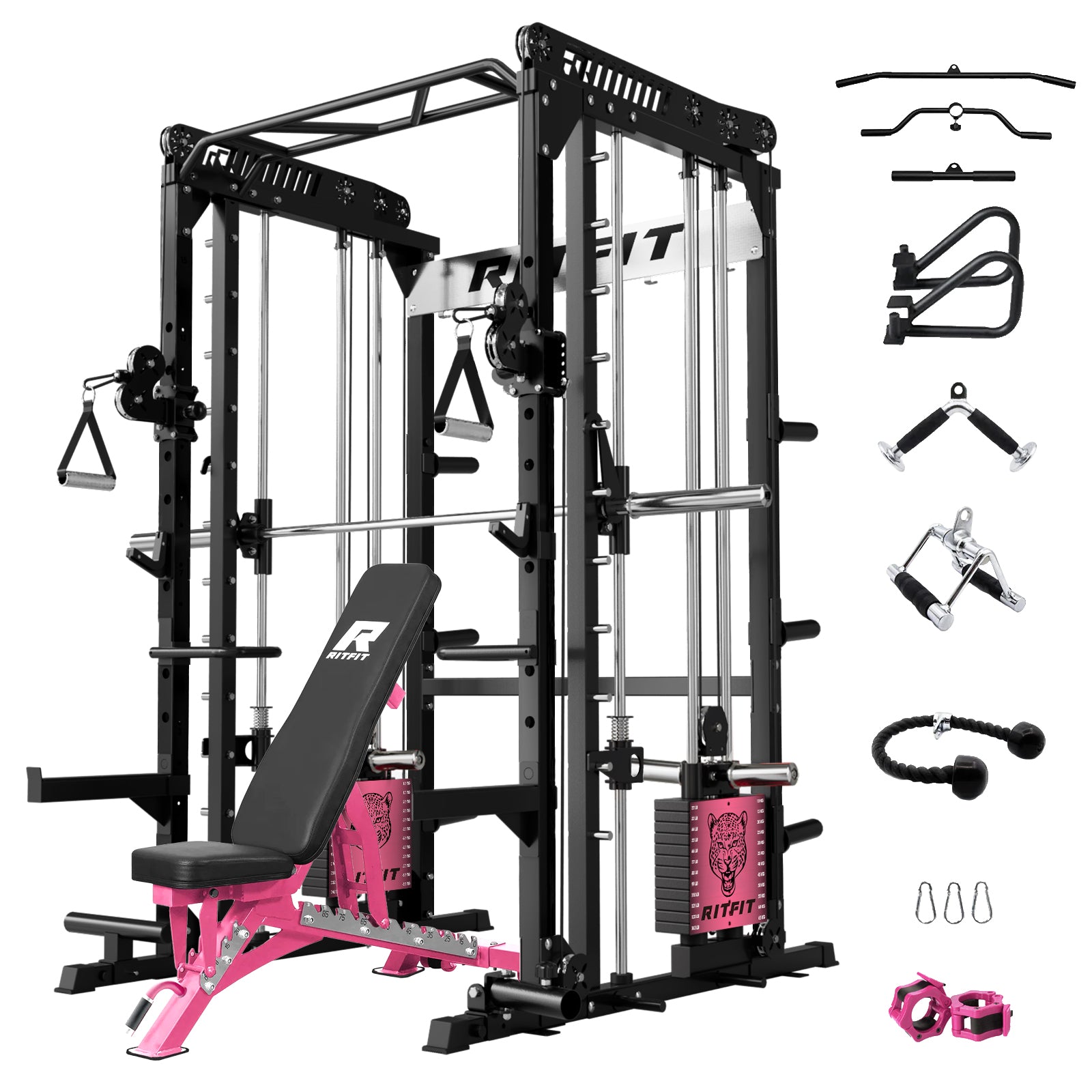 RitFit Pink M1 PRO Multi-Functional Smith Machine home gym package with various workout accessories and weights.