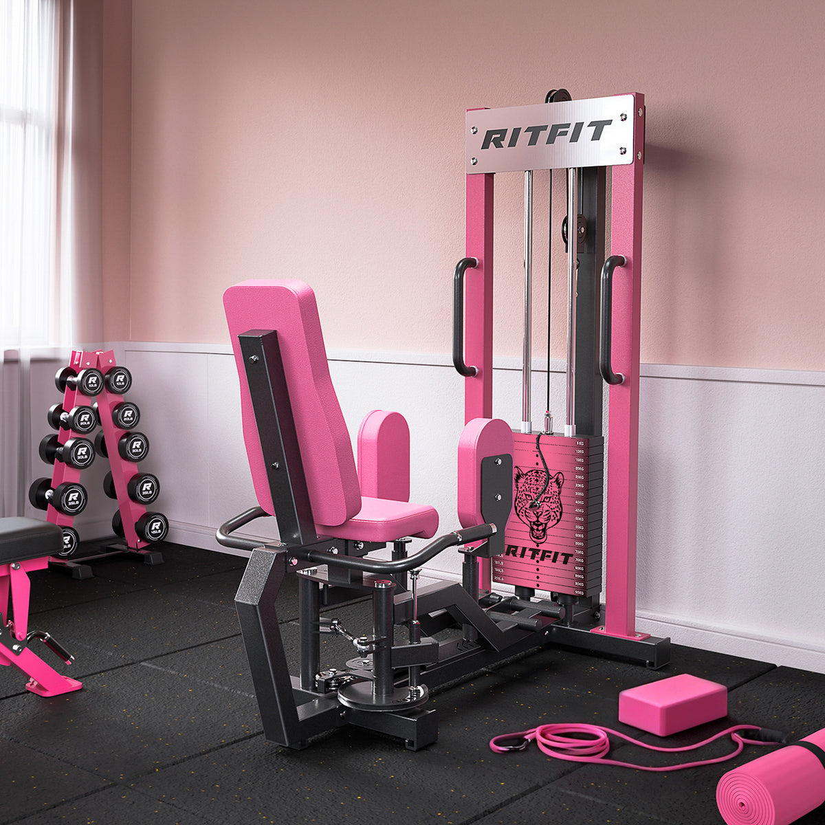 Pink RitFit Panther home hip abductor and adductor strength machine with weight stack in gym