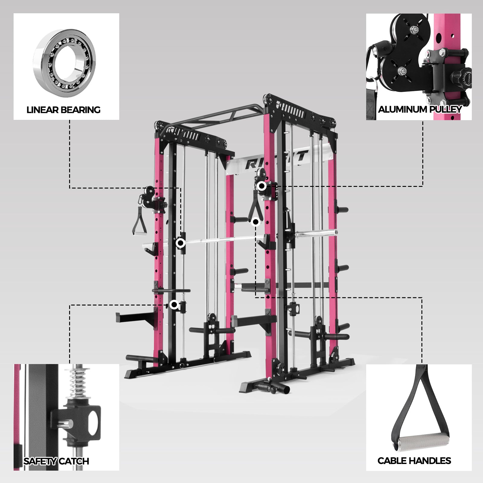 RitFit Pink M1 PRO Multi-Functional Smith Machine with Cable Crossover System and Squat Rack for Home Gym