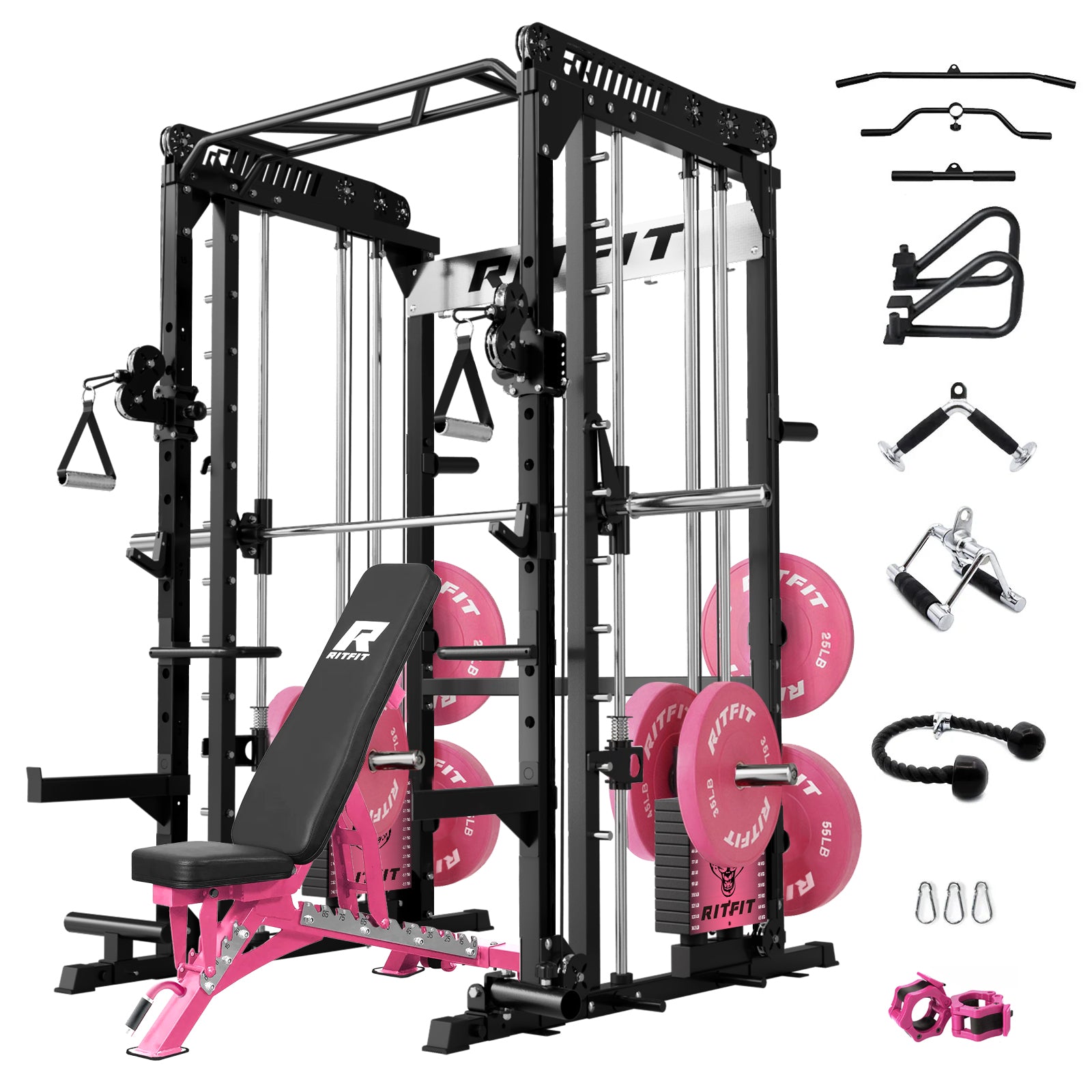 RitFit Pink M1 PRO Multi-Functional Smith Machine home gym package with weights and accessories, set up for strength training.