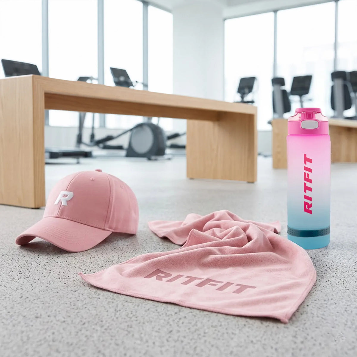 RitFit Gym Essentials Kit accessories including resistance bands, jump rope, and workout gloves on a white background.