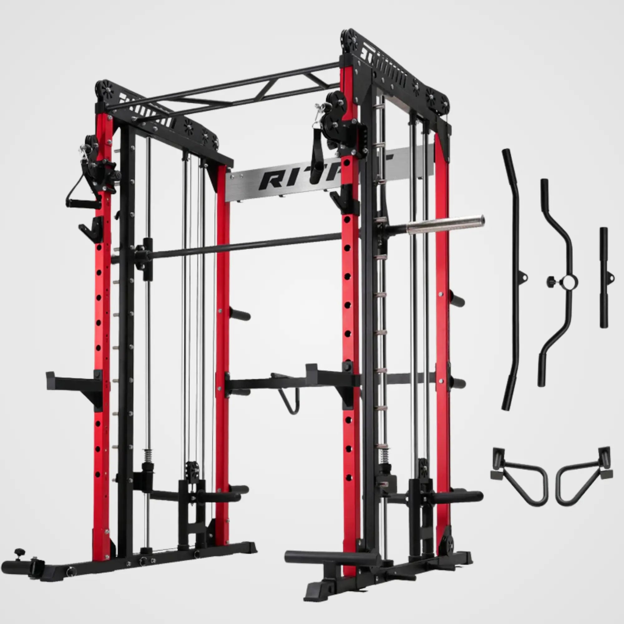 Red and black fitness power rack with attached components on a light gray background