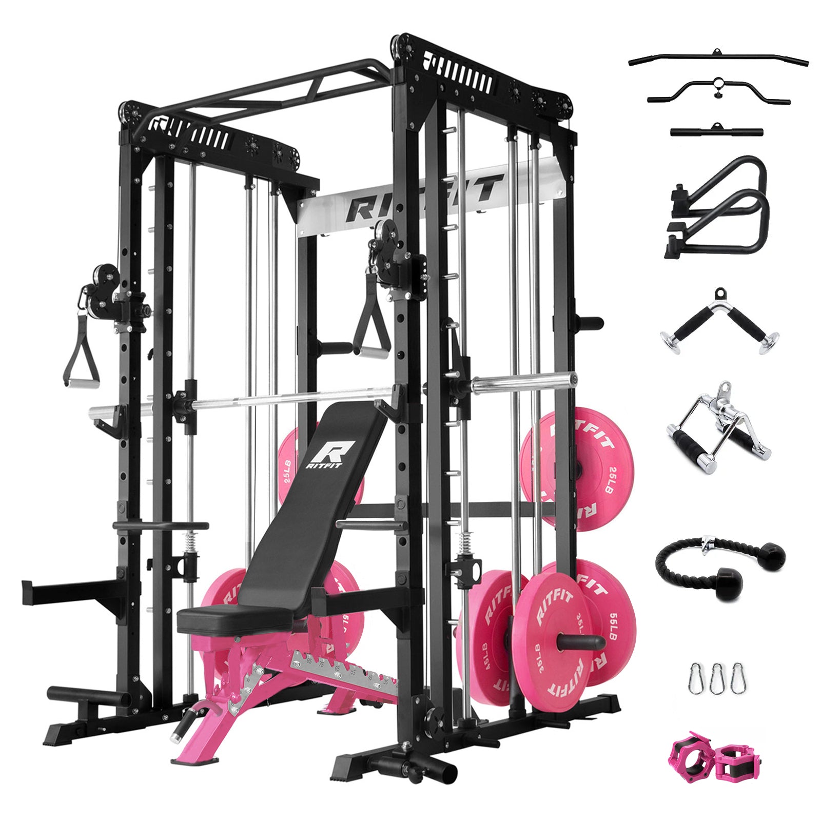 RitFit Pink M1 PRO Multi-Functional Smith Machine home gym package with weight plates, barbell, and workout accessories.