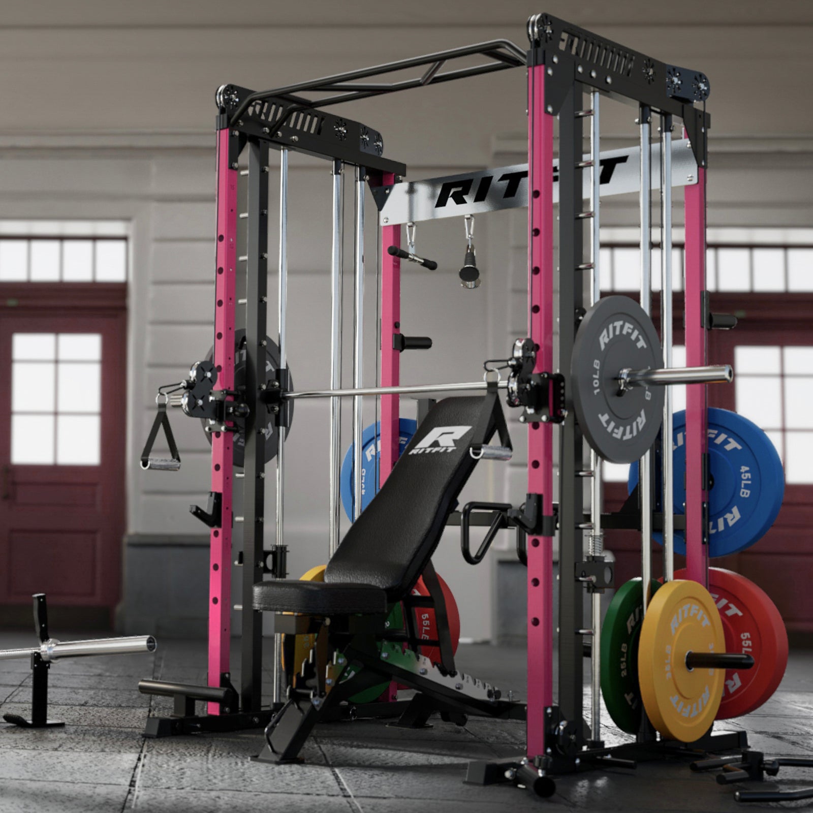 RitFit Pink M1 PRO Multi-Functional Smith Machine with Cable Crossover System and Squat Rack for Home Gym