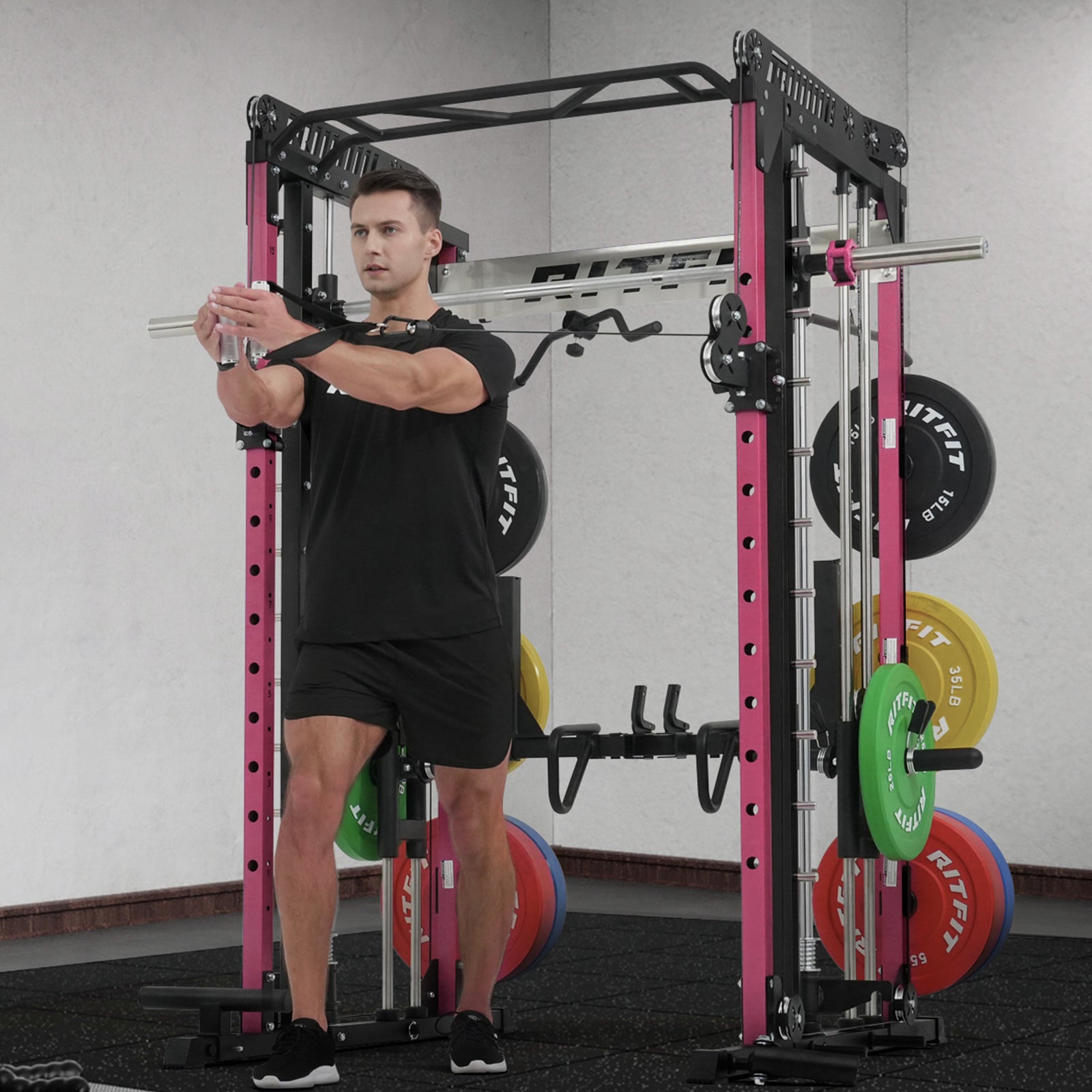 RitFit Pink M1 PRO Multi-Functional Smith Machine with Cable Crossover System and Squat Rack for Home Gym - RitFit