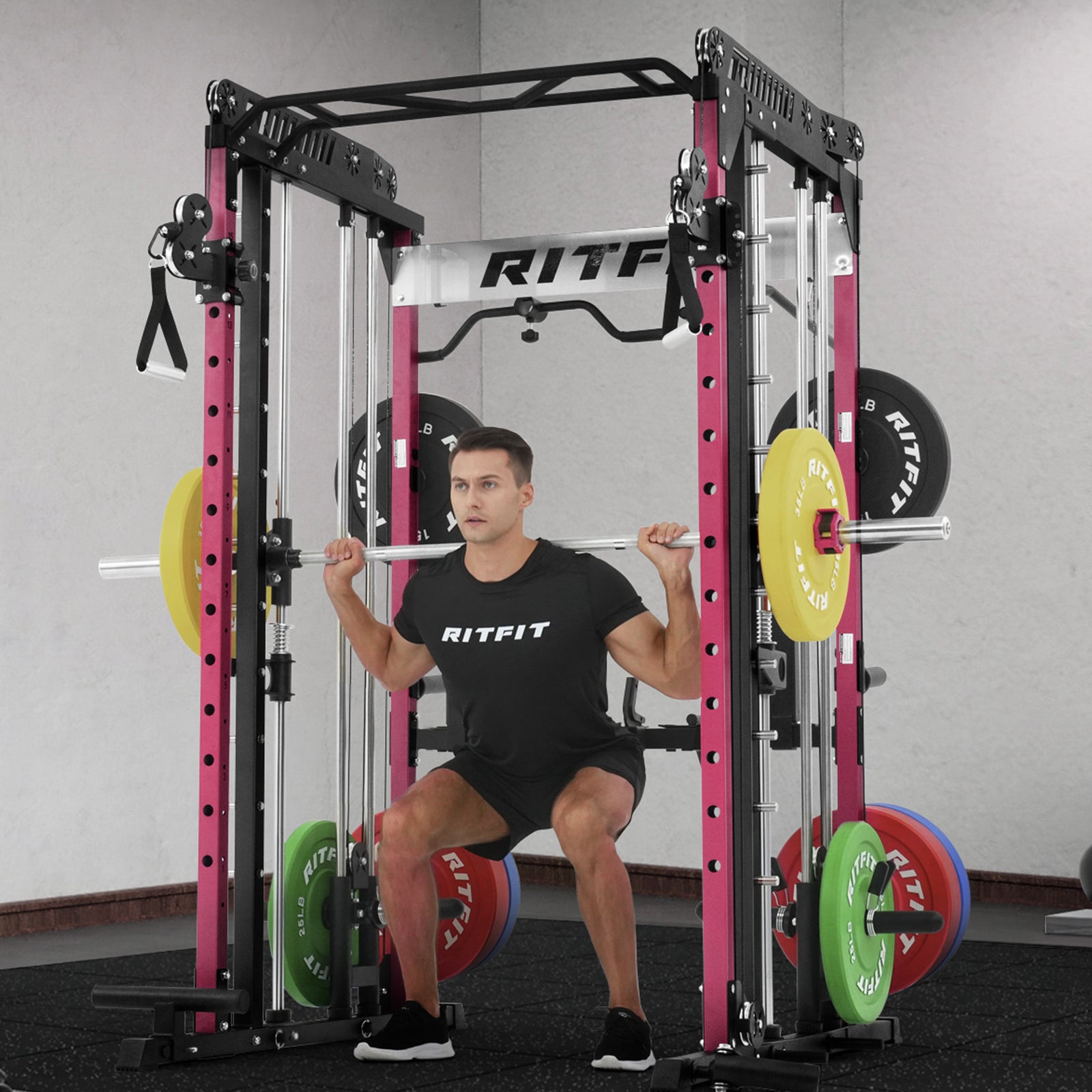 RitFit Pink M1 PRO Multi-Functional Smith Machine with Cable Crossover System and Squat Rack for Home Gym