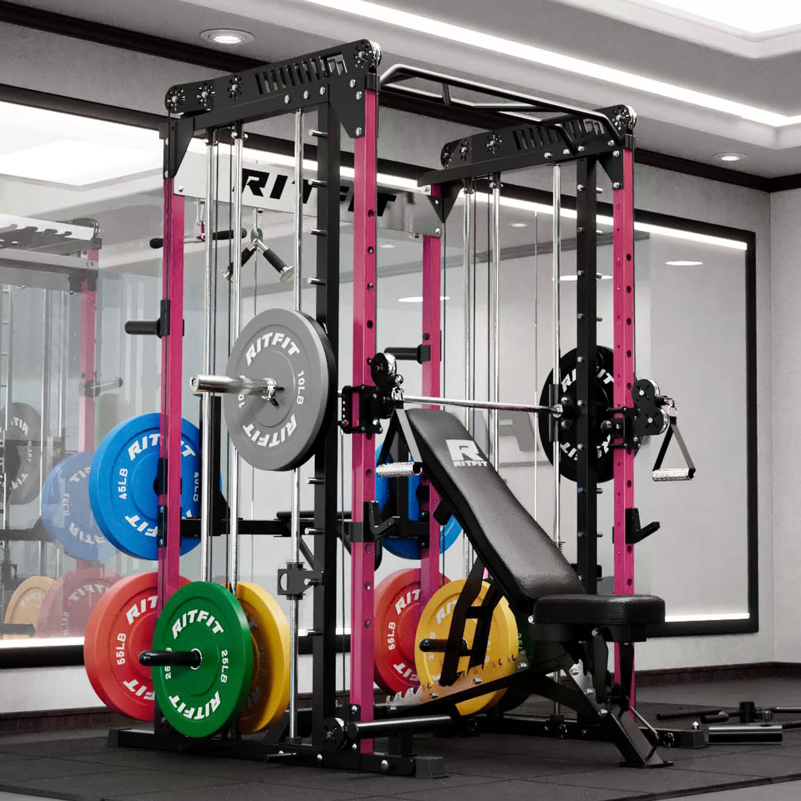 RitFit Pink M1 PRO Multi-Functional Smith Machine with Cable Crossover System and Squat Rack for Home Gym - RitFit