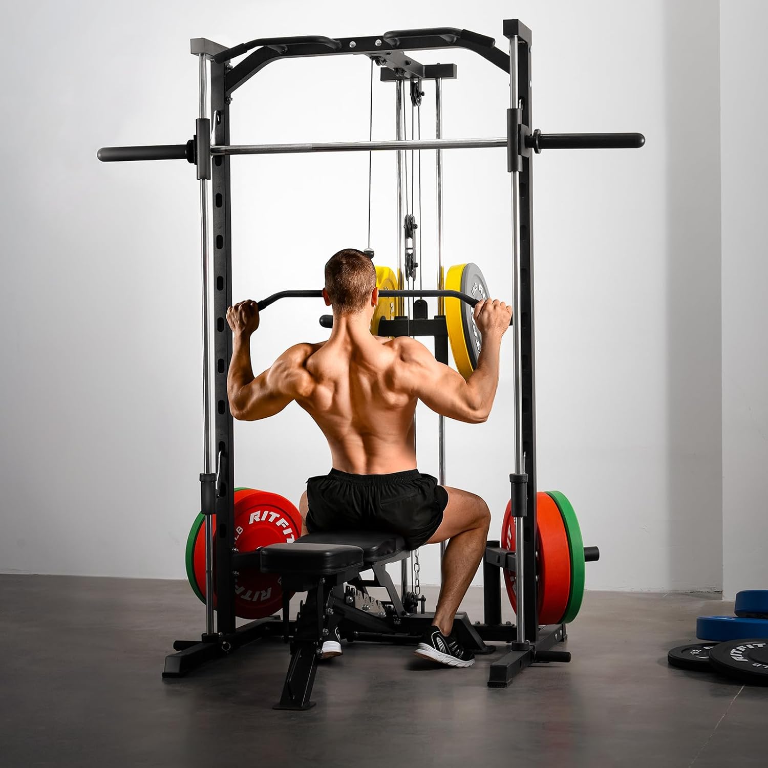 RitFit Smith Machine Power Rack with LAT-Pull Down System, Landmine, Barbell Bar, Plate Storage Pegs and More Training Attachment - RitFit