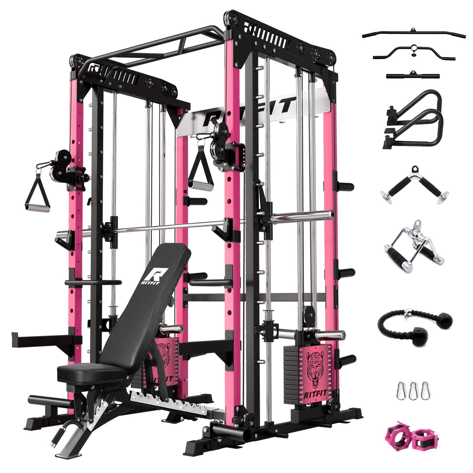 RitFit Pink M1 PRO Multi-Functional Smith Machine Home Gym Package with weight plates and workout accessories in a home gym setting.