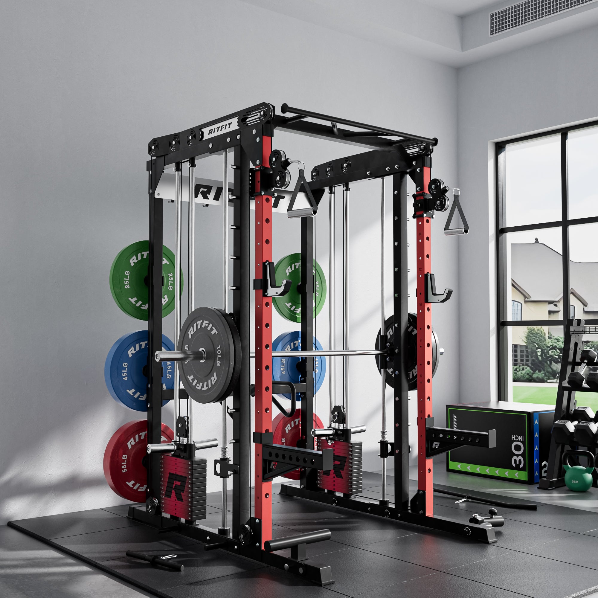 RitFit M2 multi-functional modular home gym smith machine rack with adjustable bars and safety features for all fitness levels.