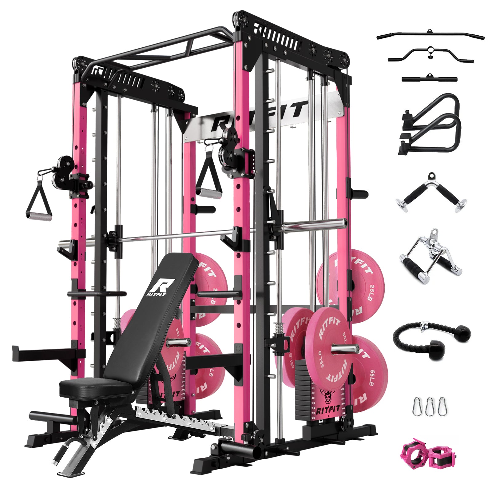RitFit Pink M1 PRO Multi-Functional Smith Machine home gym package with weight plates and workout accessories.