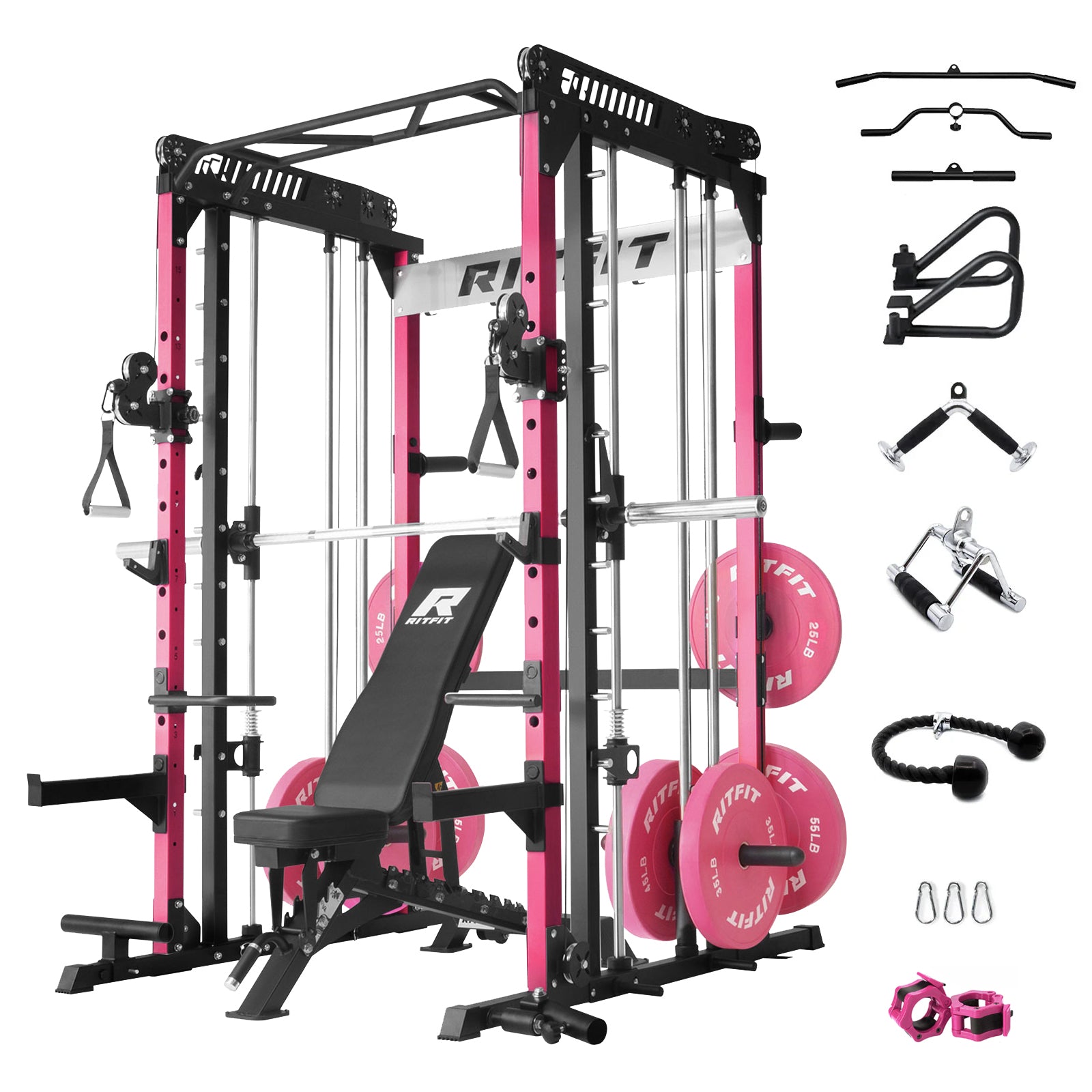 RitFit Pink M1 PRO Multi-Functional Smith Machine home gym package with weight plates, barbell, and workout accessories.