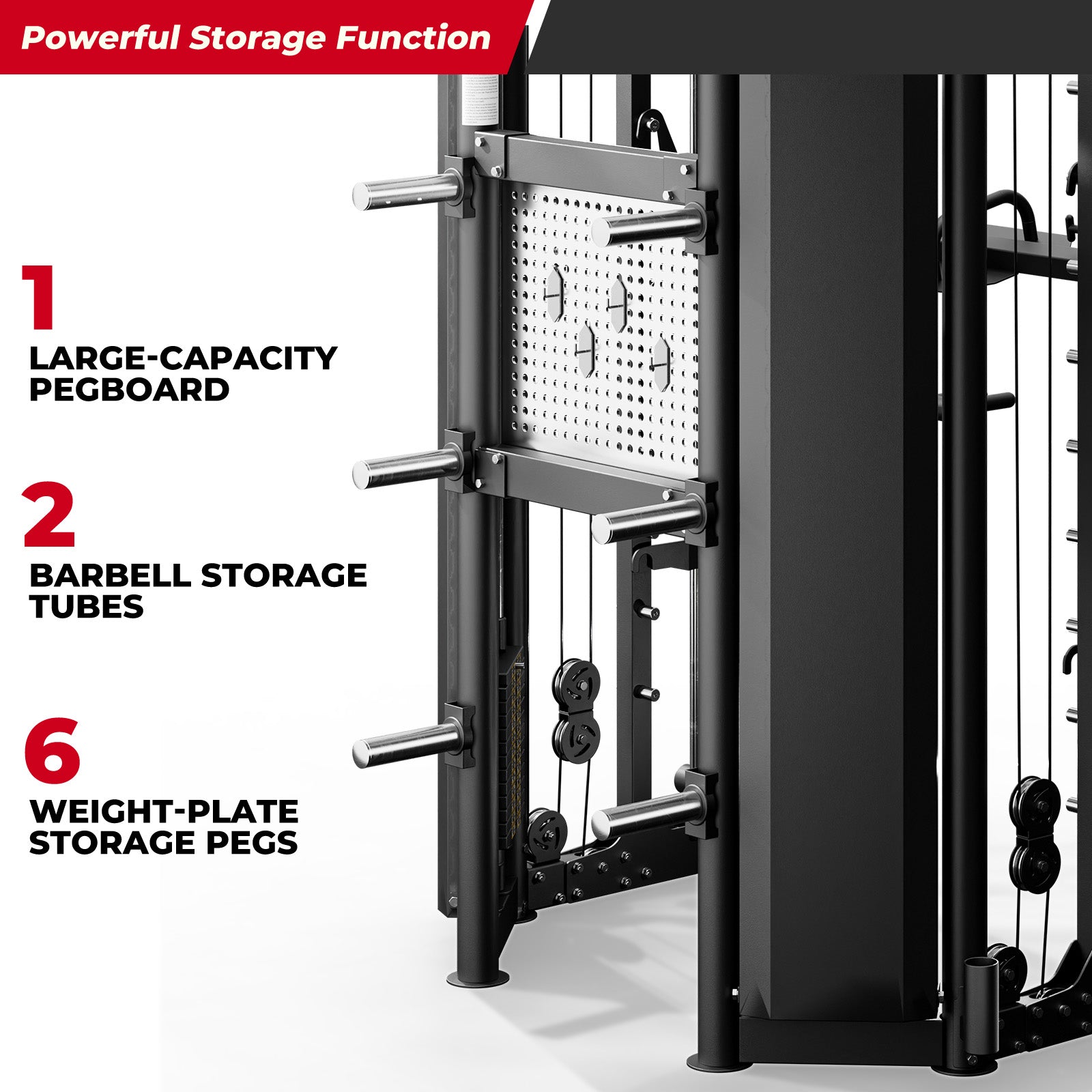 RitFit BPC06 Smith Machine storage with pegboard, barbell tubes, and weight plate pegs
