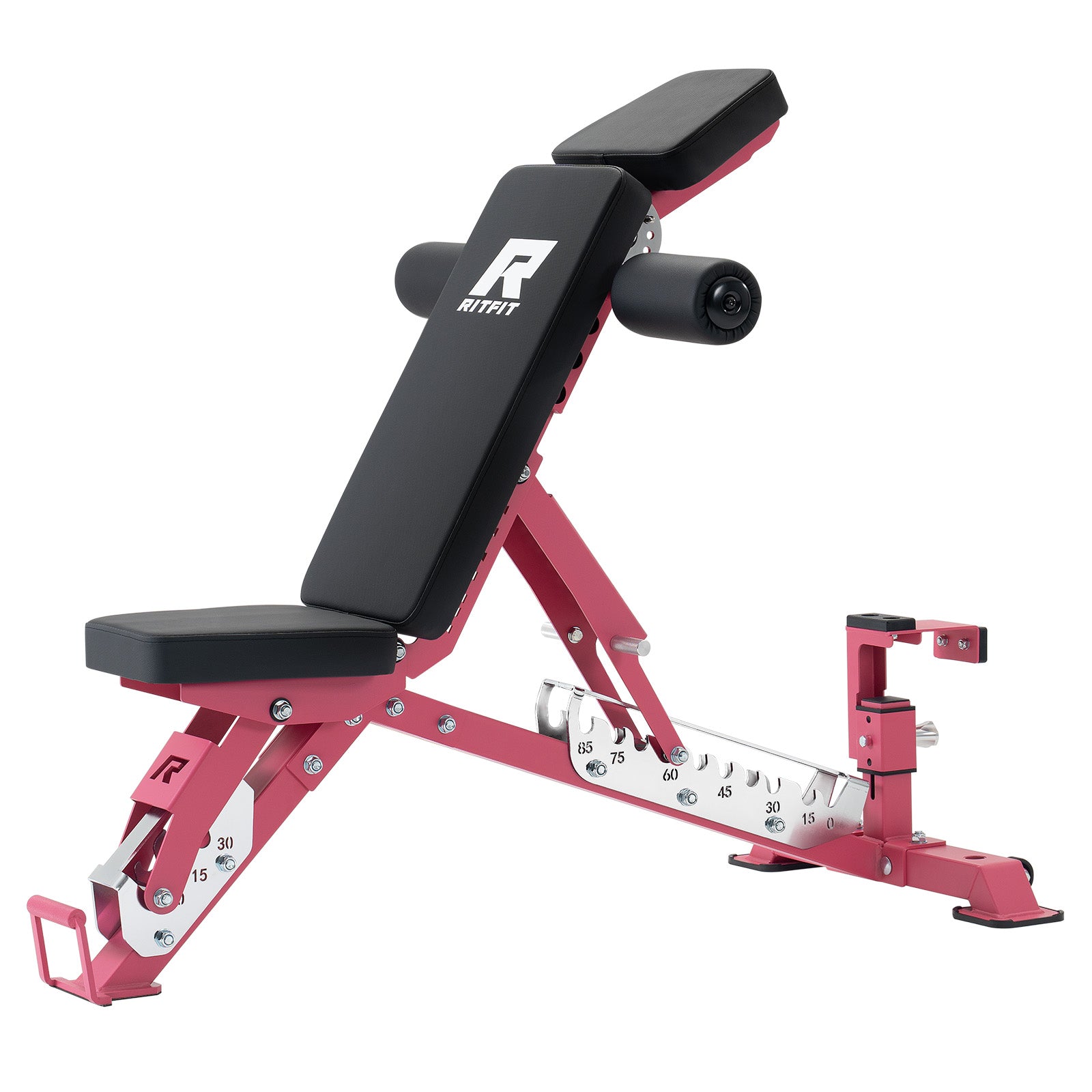 Pink RitFit GATOR 1600LB adjustable weight bench with padded seat and backrest for strength training and fitness exercises.