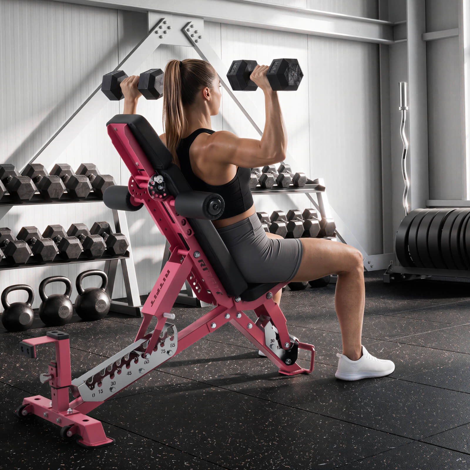 Pink RitFit GATOR weight bench with adjustable settings and 1600LB capacity, designed for strength training and fitness workouts.