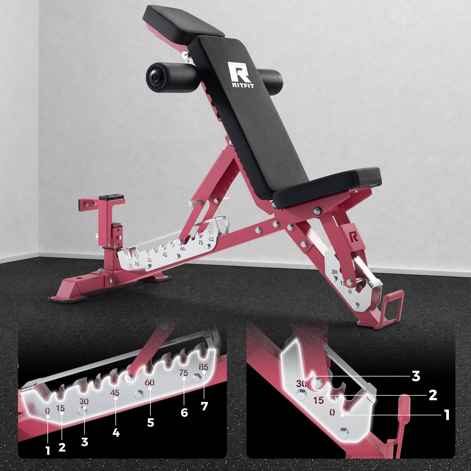RitFit GATOR pink adjustable weight bench with sturdy frame and padded seat for strength training and workouts.