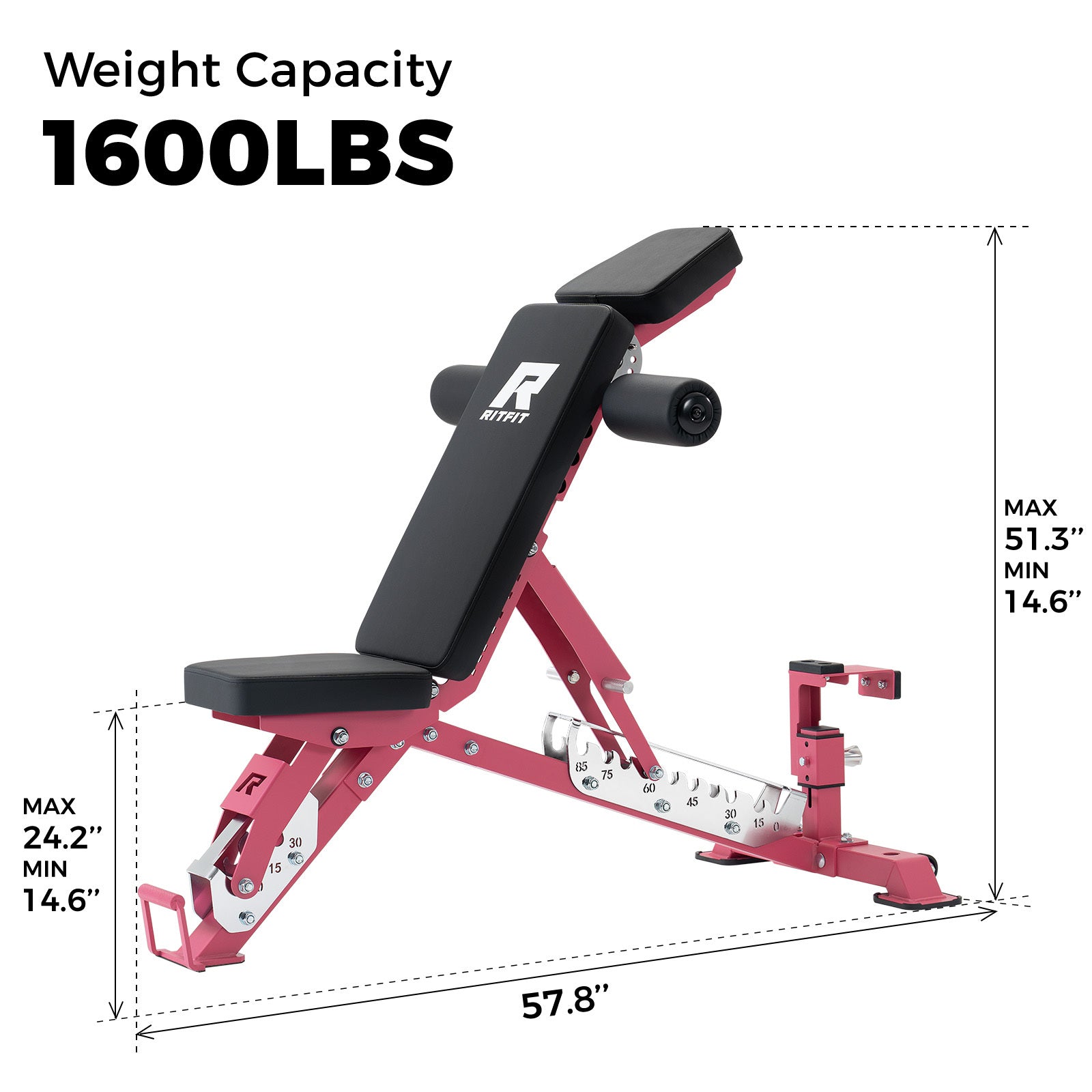 Pink RitFit GATOR adjustable weight bench with 1600lb capacity for strength training and versatile fitness workouts.