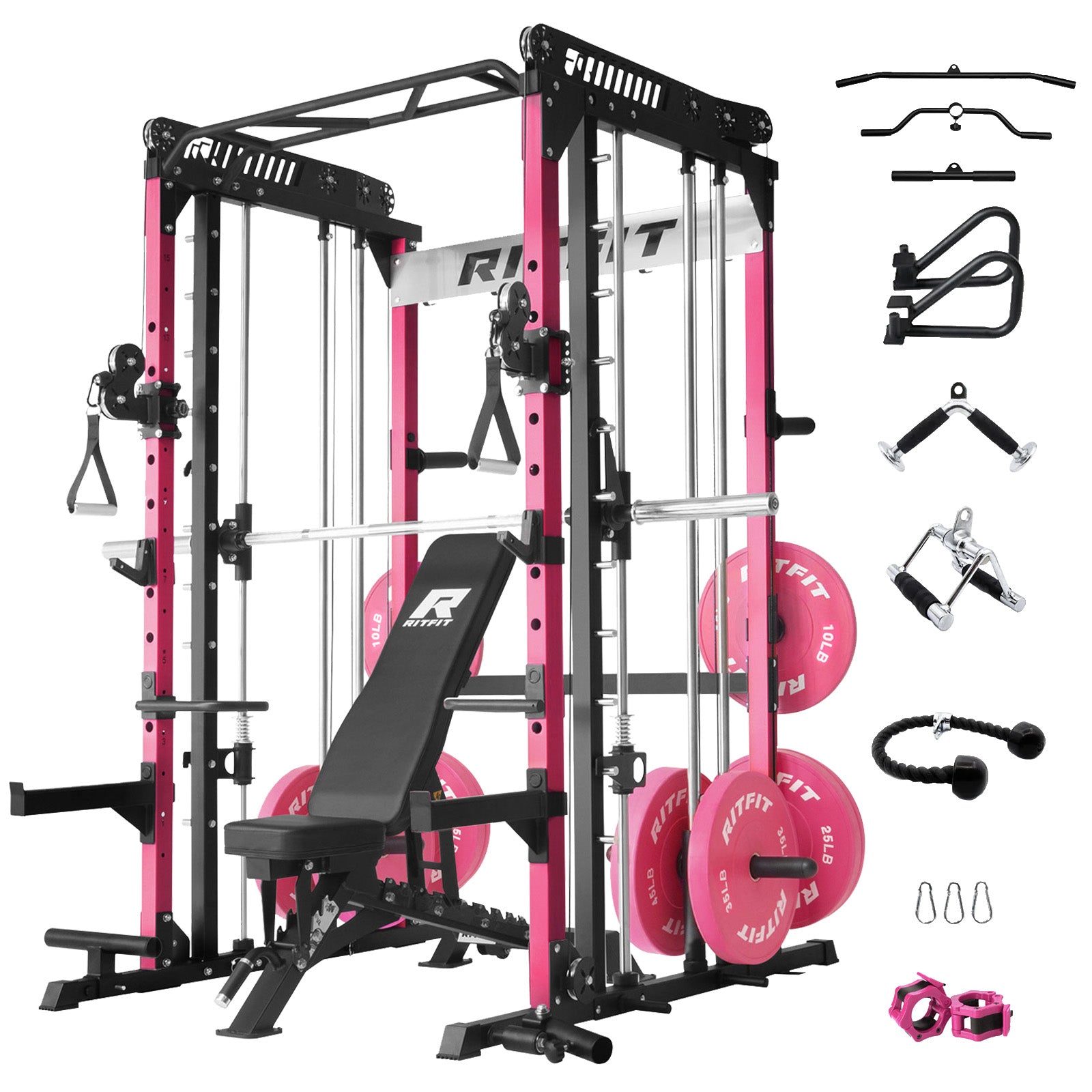 RitFit Pink M1 PRO Multi-Functional Smith Machine home gym package with weight plates and workout accessories.