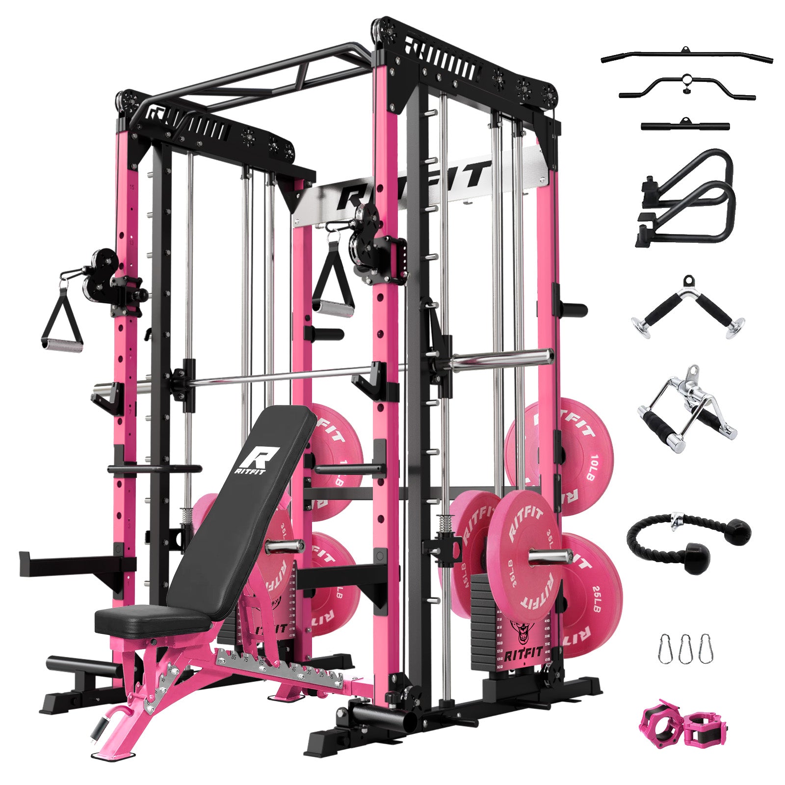 RitFit Pink M1 PRO Multi-Functional Smith Machine home gym package with weight plates and workout accessories.