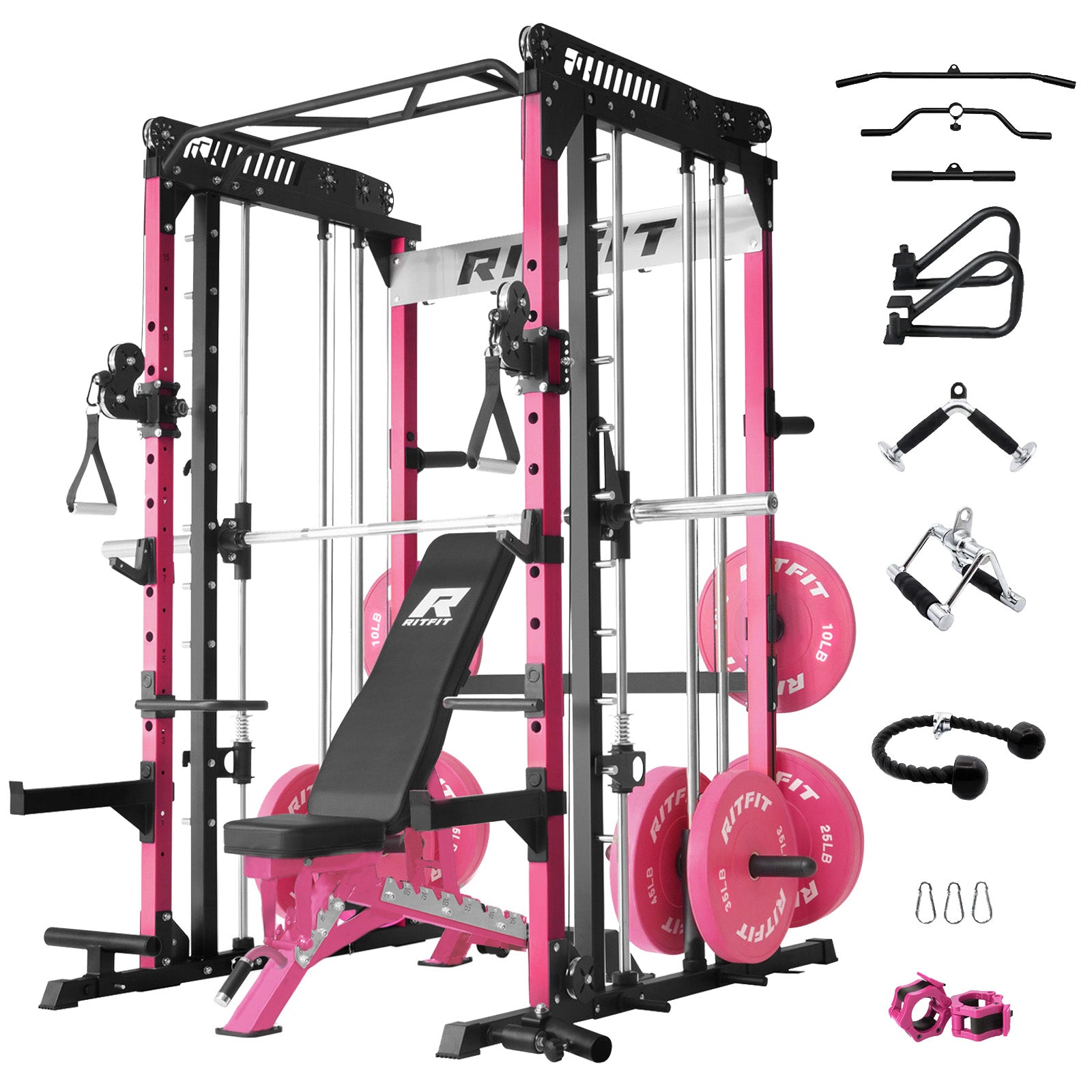 RitFit Pink M1 PRO Multi-Functional Smith Machine home gym package with weight plates and workout accessories.