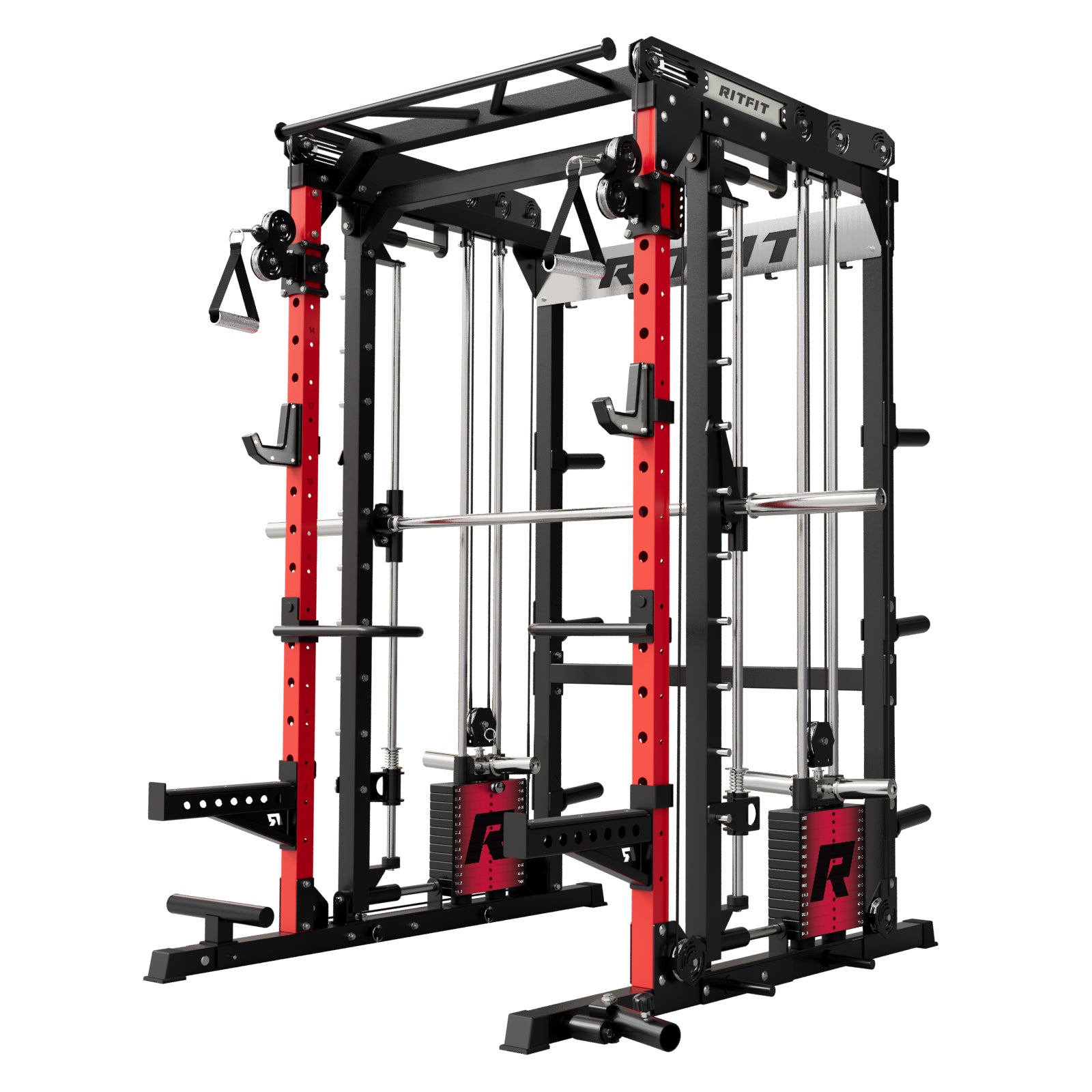 RitFit M2 Multi-Functional Modular Home Gym Smith Machine rack with adjustable supports and safety bars for versatile workouts.
