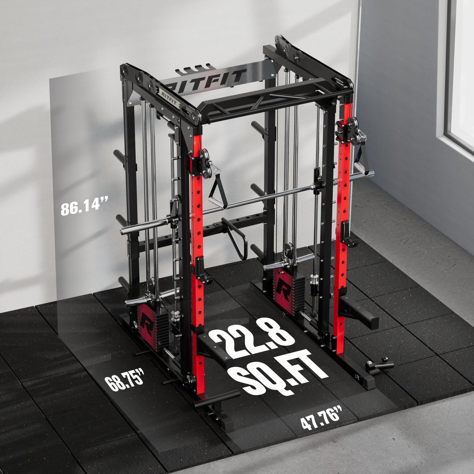 RitFit M2 multi-functional home gym smith machine rack with adjustable components and weight storage for versatile strength training.