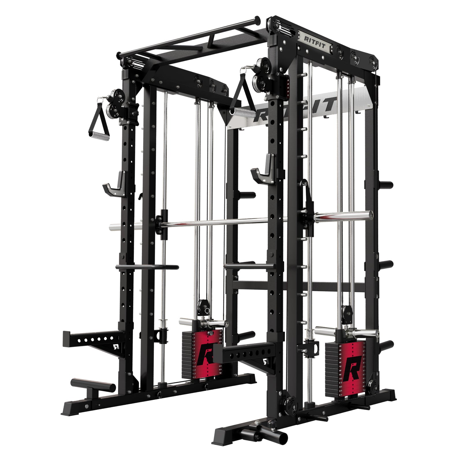RitFit M2 Multi-Functional Modular Home Gym Smith Machine with adjustable racks and weight supports for versatile strength training.